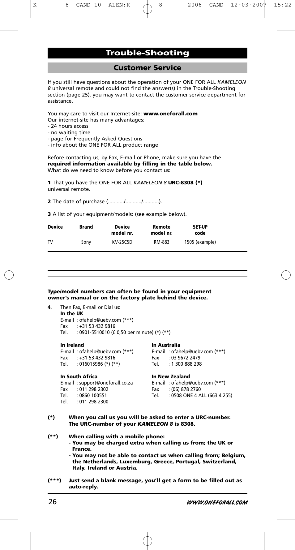 Customer service, Trouble-shooting | One for All KAMELEON URC-8308 User Manual | Page 27 / 293
