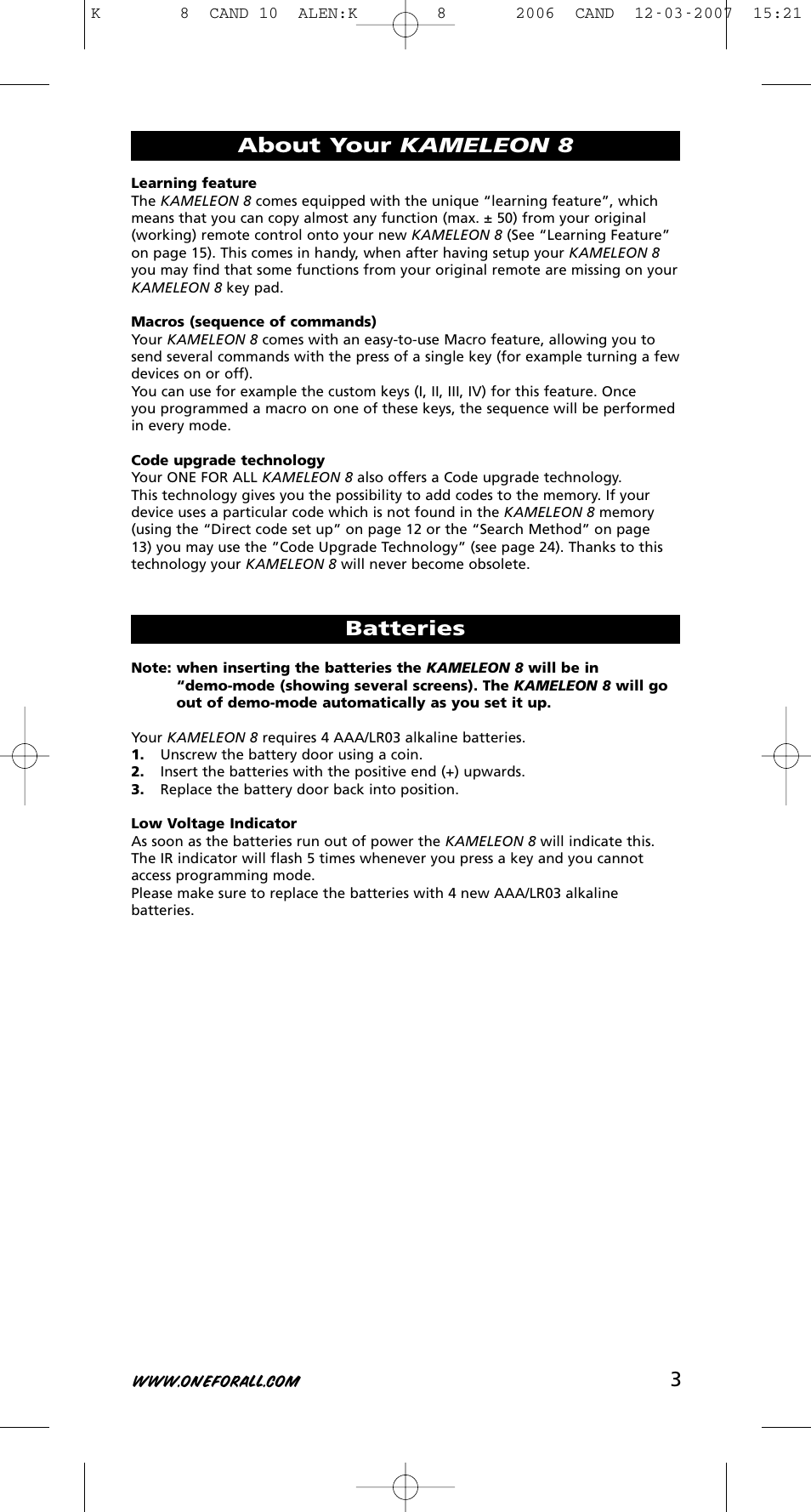 About your kameleon 8 batteries | One for All KAMELEON URC-8308 User Manual | Page 4 / 293