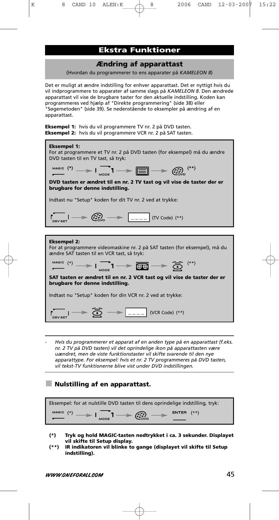 45 ændring af apparattast, Ekstra funktioner, Nulstilling af en apparattast | One for All KAMELEON URC-8308 User Manual | Page 46 / 293