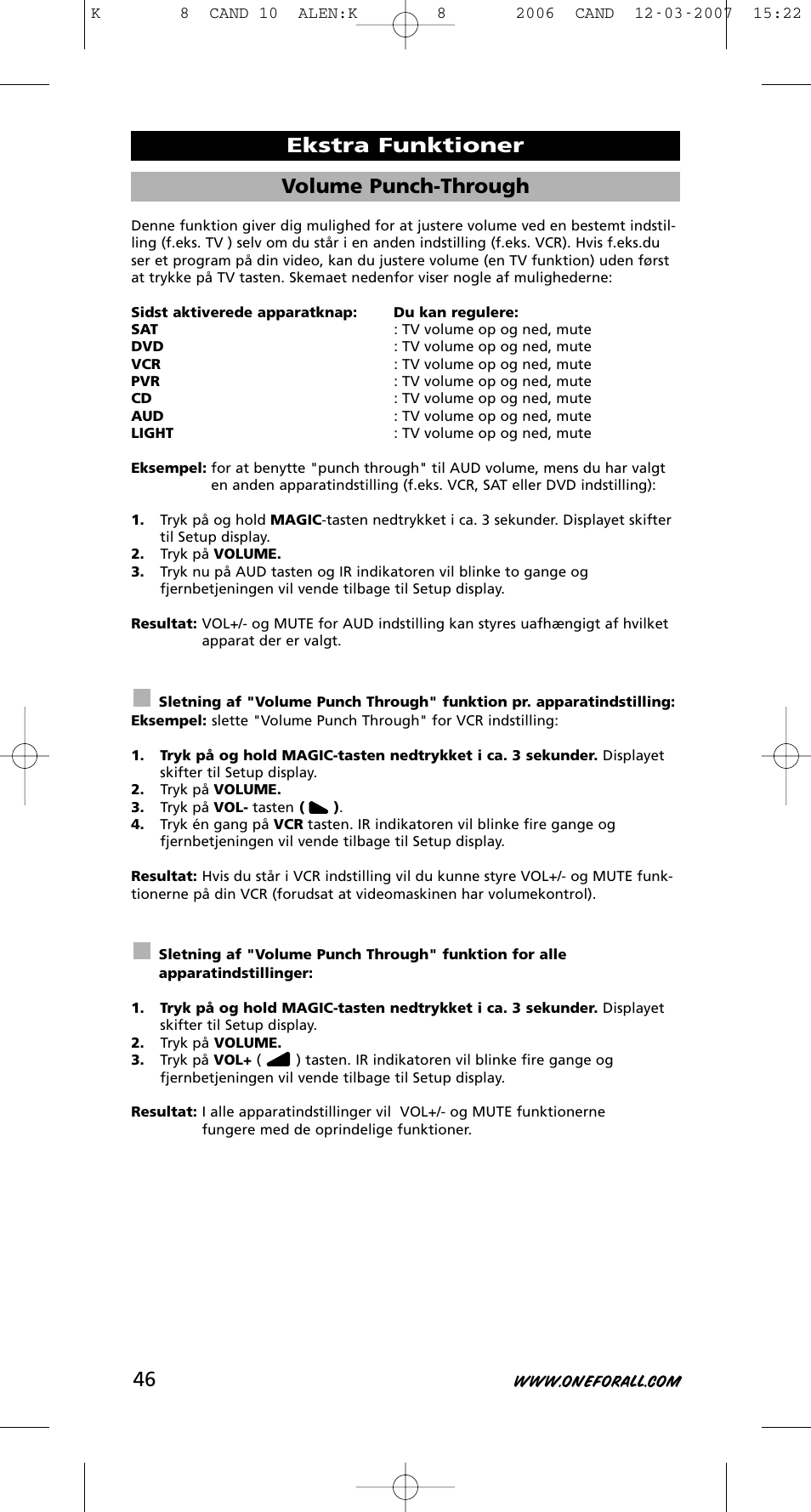 Volume punch-through, Ekstra funktioner | One for All KAMELEON URC-8308 User Manual | Page 47 / 293