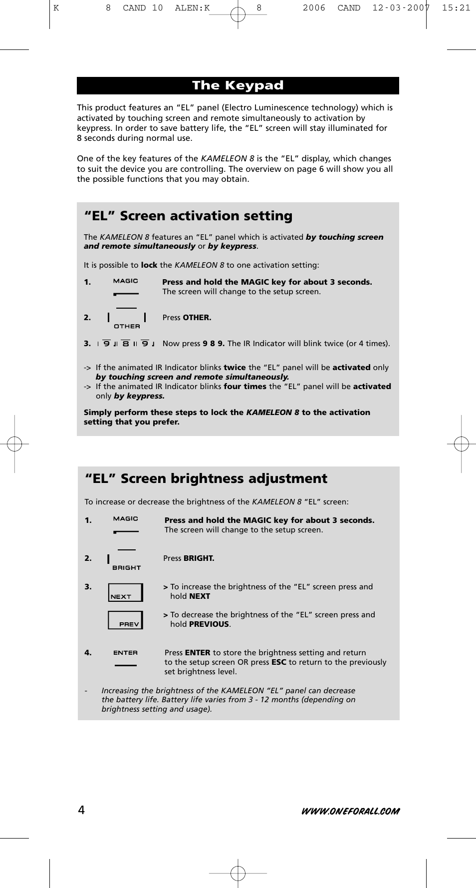El” screen brightness adjustment, El” screen activation setting, The keypad | One for All KAMELEON URC-8308 User Manual | Page 5 / 293