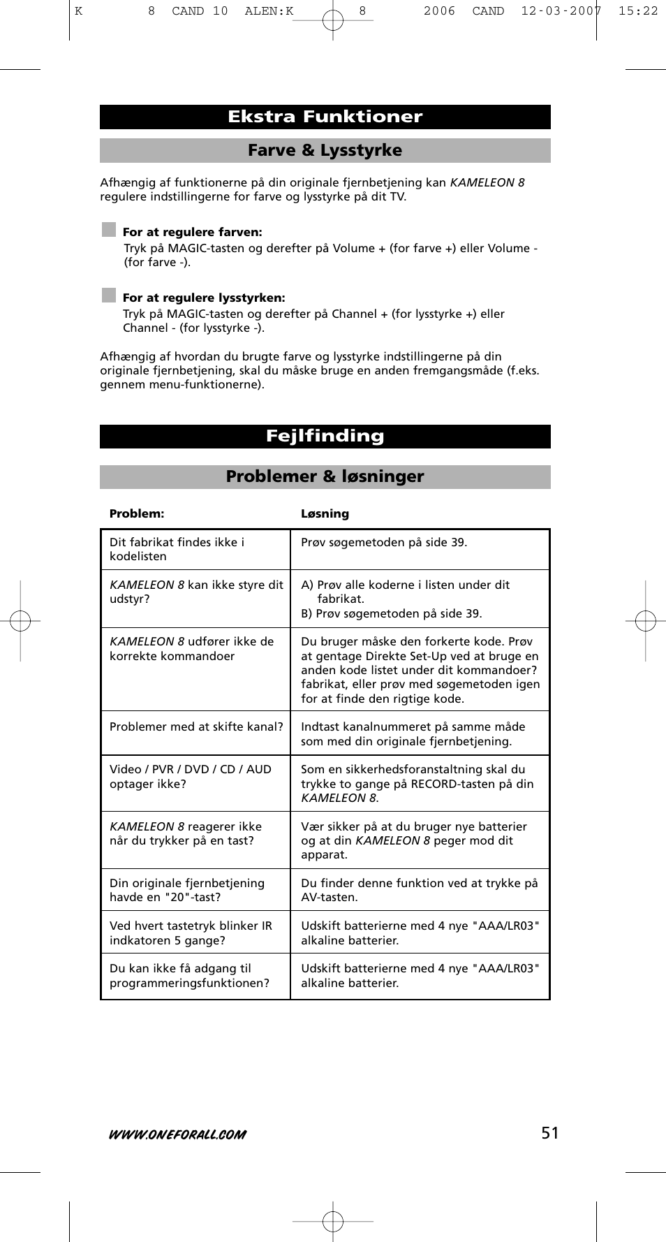 51 farve & lysstyrke | One for All KAMELEON URC-8308 User Manual | Page 52 / 293