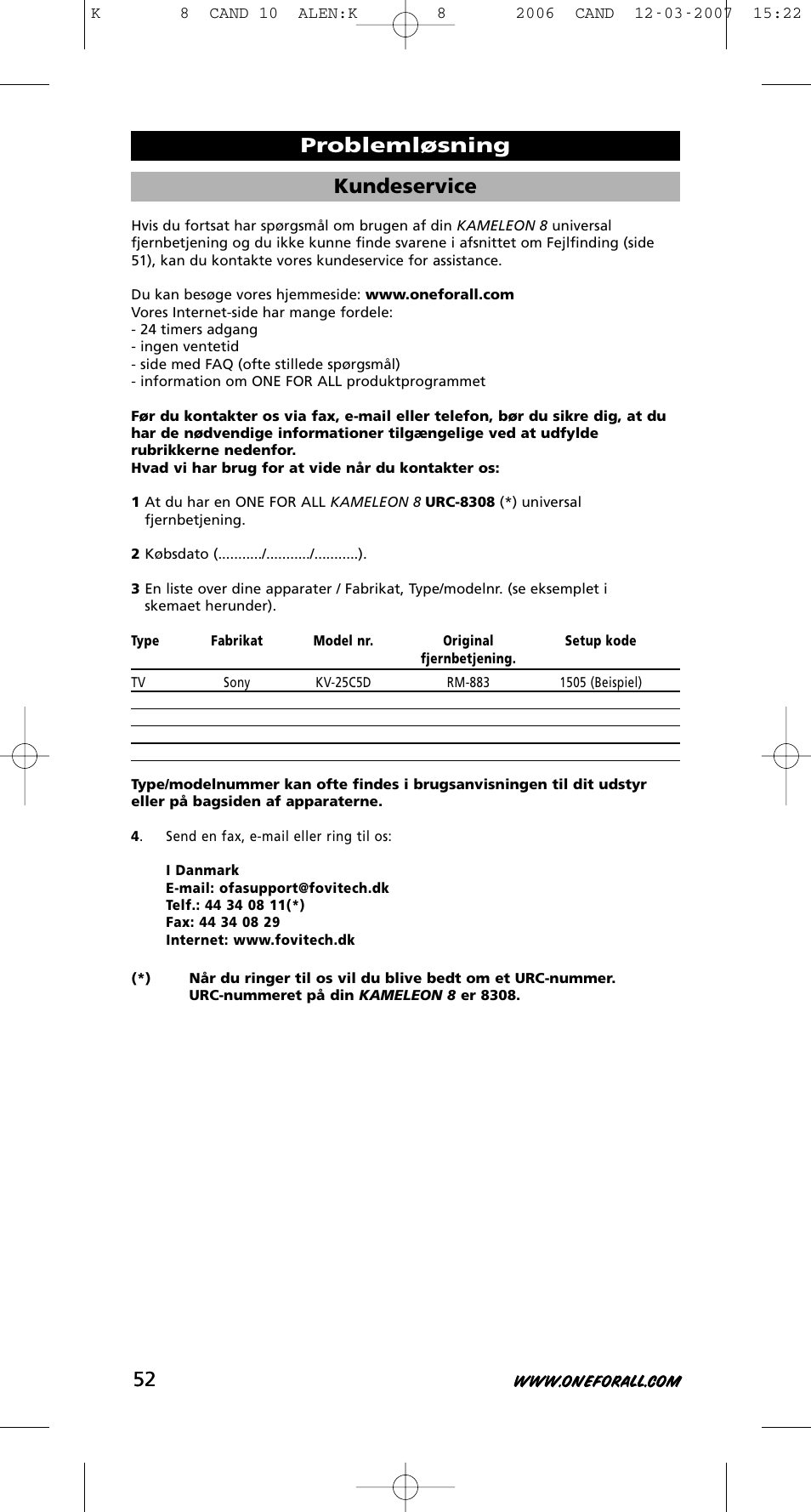 Kundeservice, Problemløsning 52 | One for All KAMELEON URC-8308 User Manual | Page 53 / 293