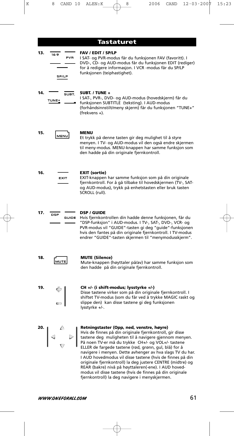 61 tastaturet | One for All KAMELEON URC-8308 User Manual | Page 62 / 293