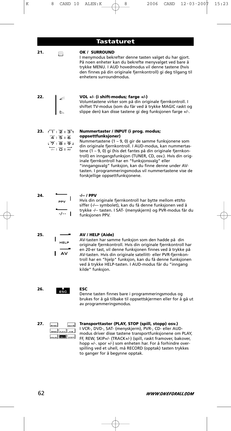 Tastaturet | One for All KAMELEON URC-8308 User Manual | Page 63 / 293