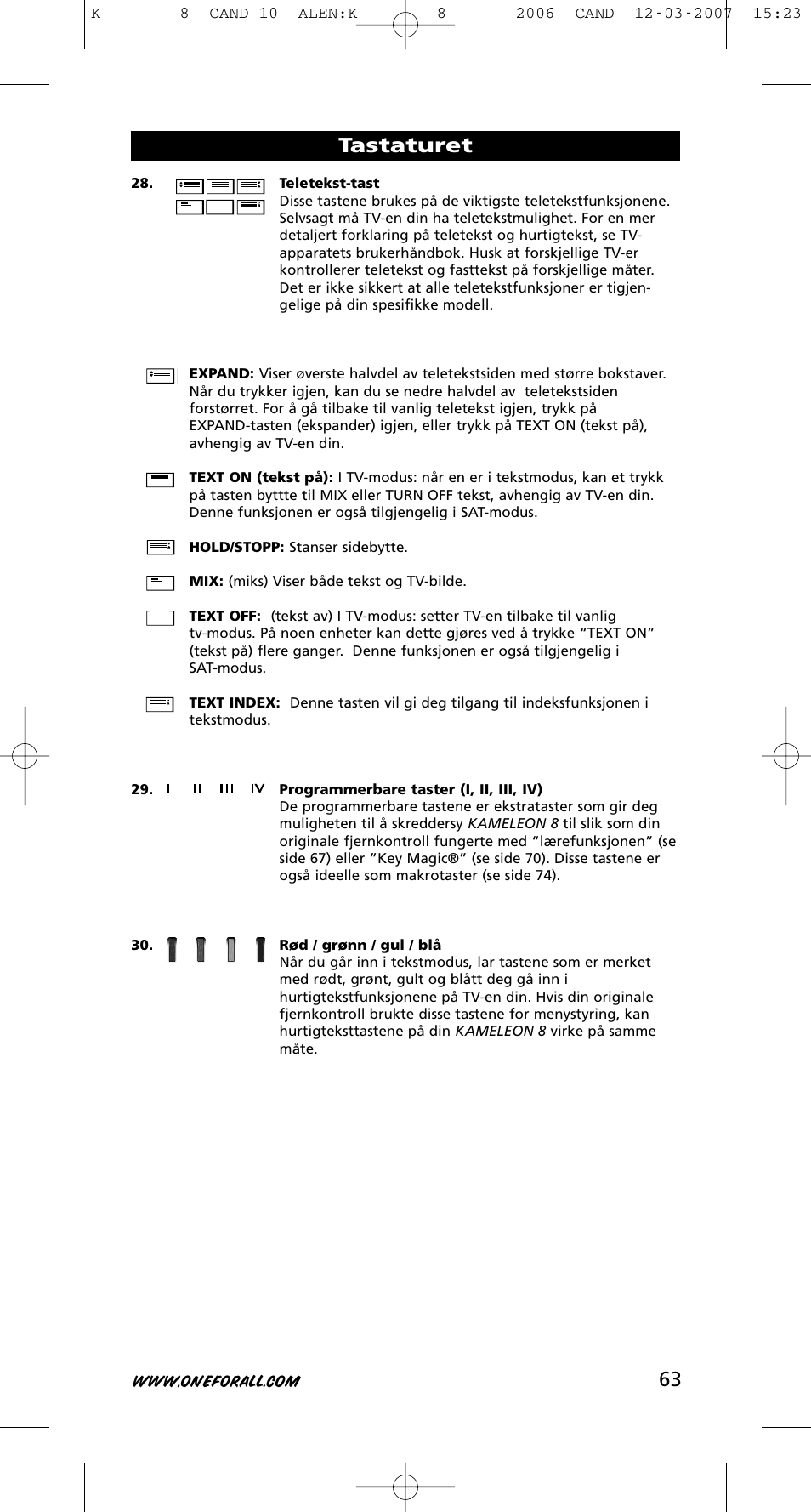 Tastaturet | One for All KAMELEON URC-8308 User Manual | Page 64 / 293