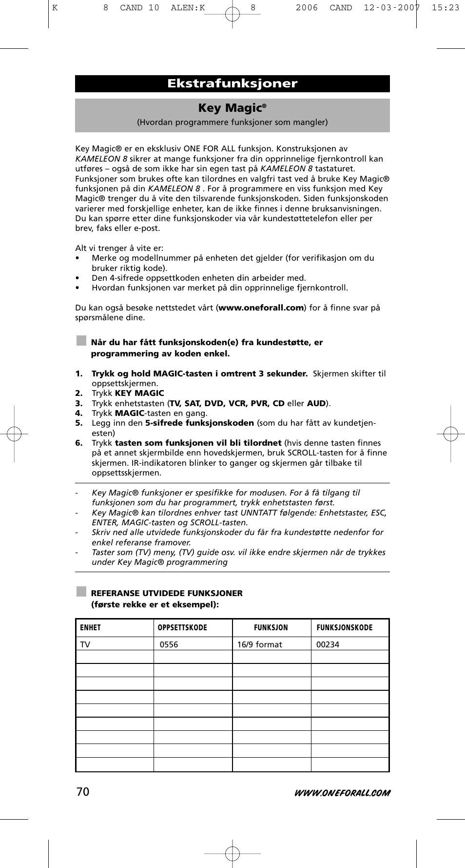 Key magic, Ekstrafunksjoner | One for All KAMELEON URC-8308 User Manual | Page 71 / 293