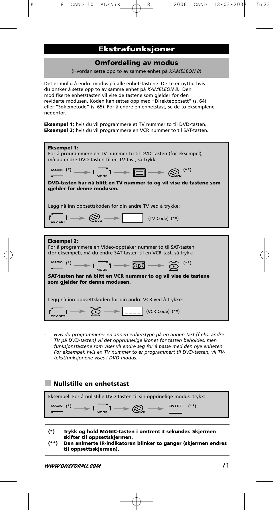 71 omfordeling av modus, Ekstrafunksjoner, Nullstille en enhetstast | One for All KAMELEON URC-8308 User Manual | Page 72 / 293