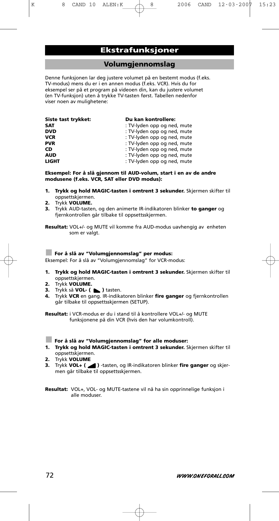 Volumgjennomslag, Ekstrafunksjoner | One for All KAMELEON URC-8308 User Manual | Page 73 / 293