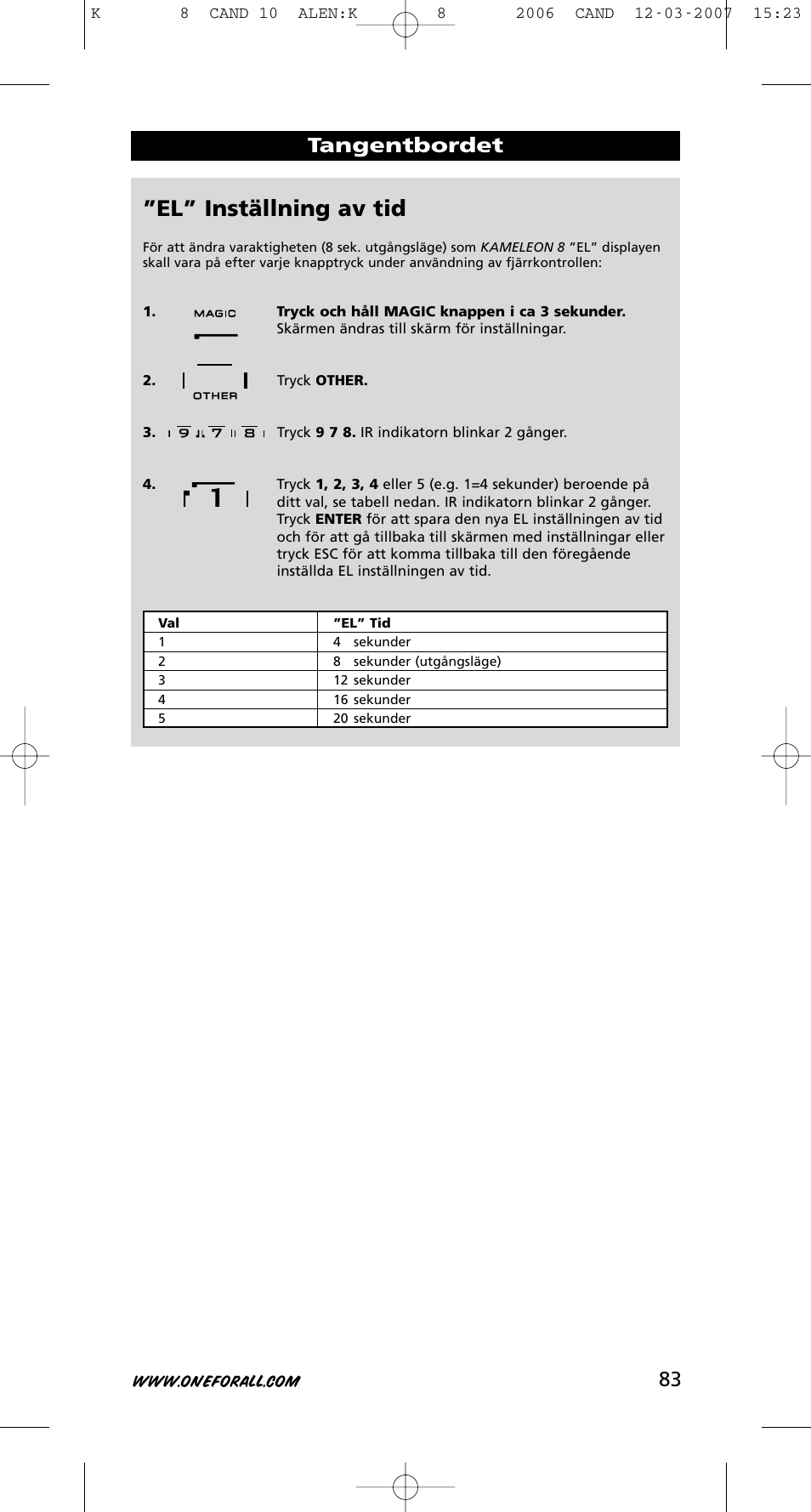 El” inställning av tid, 83 tangentbordet | One for All KAMELEON URC-8308 User Manual | Page 84 / 293