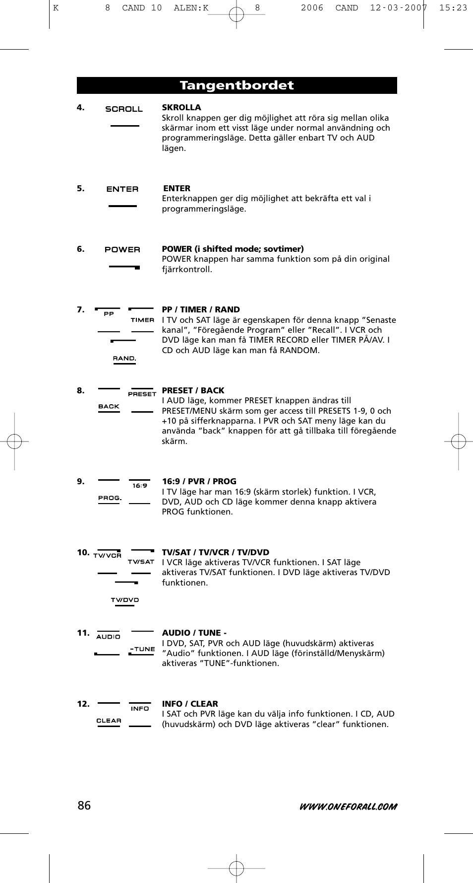 Tangentbordet | One for All KAMELEON URC-8308 User Manual | Page 87 / 293