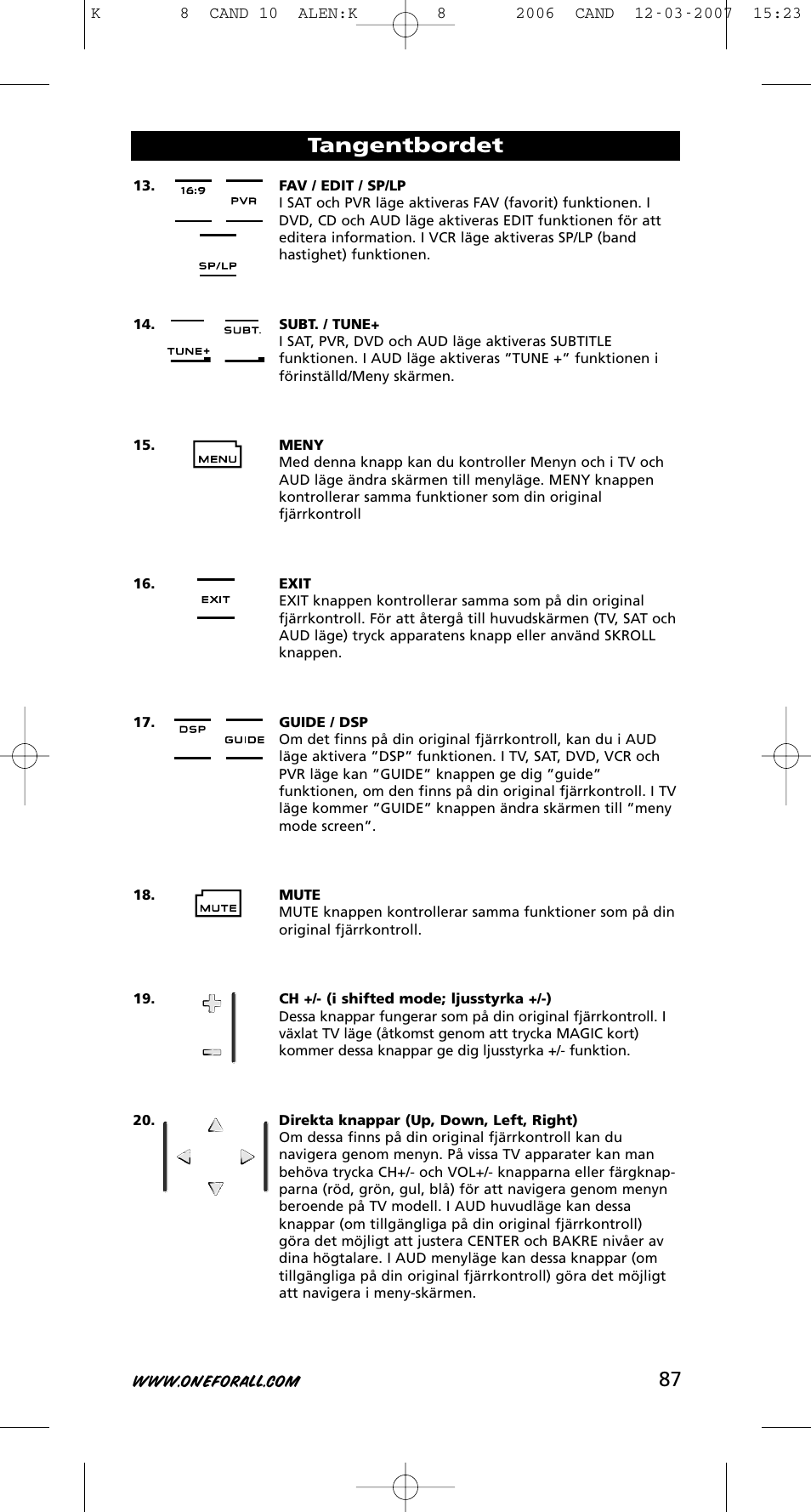 87 tangentbordet | One for All KAMELEON URC-8308 User Manual | Page 88 / 293