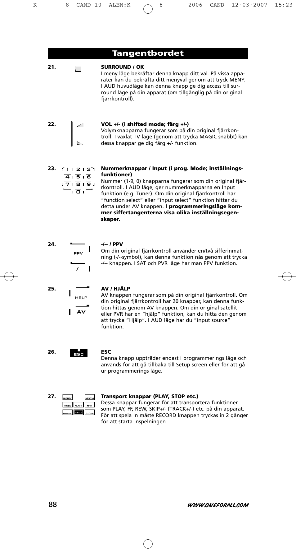 Tangentbordet | One for All KAMELEON URC-8308 User Manual | Page 89 / 293