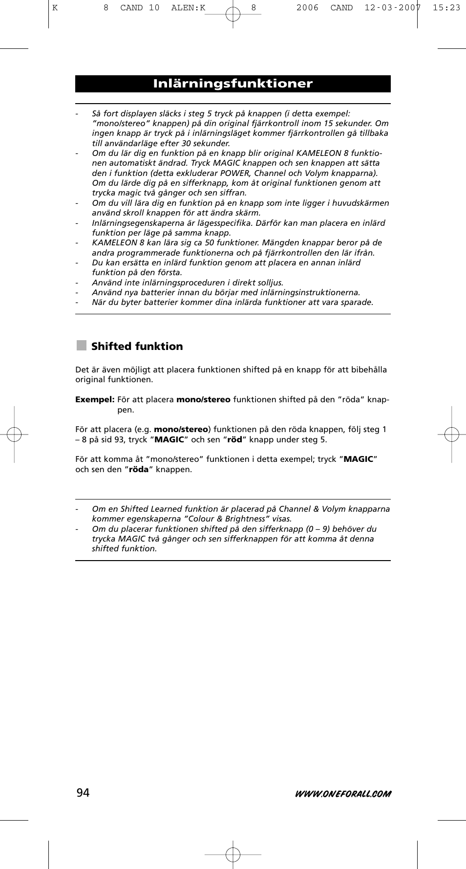 Inlärningsfunktioner, Shifted funktion | One for All KAMELEON URC-8308 User Manual | Page 95 / 293