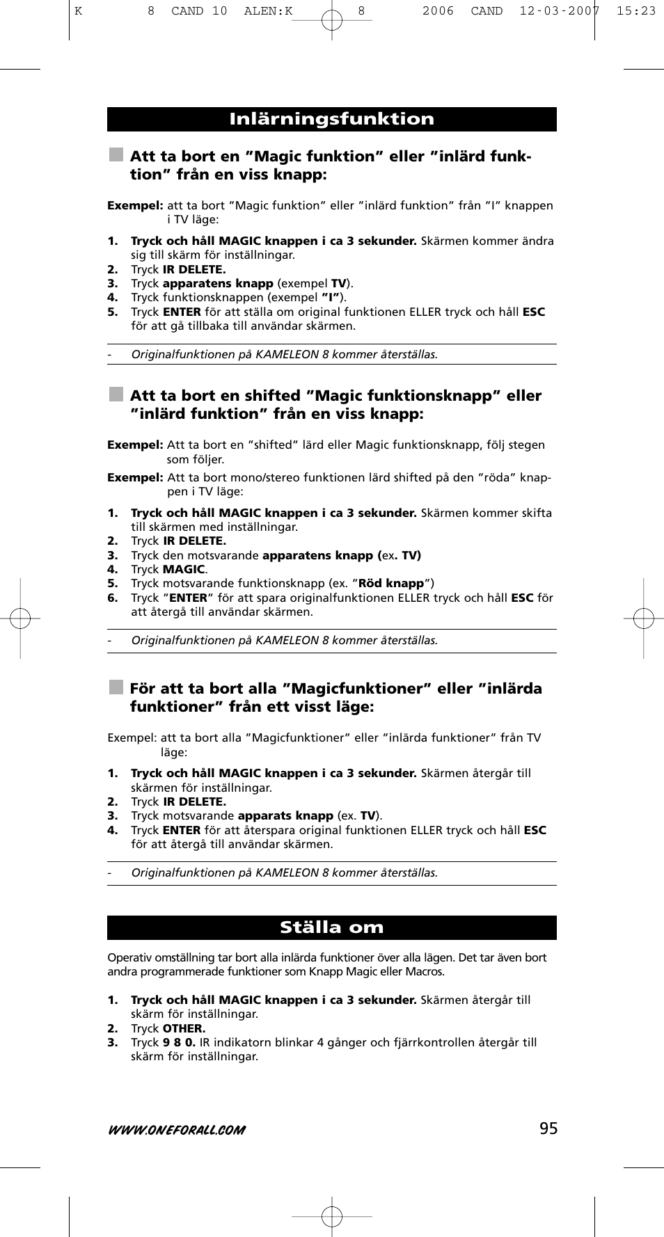 Inlärningsfunktion ställa om | One for All KAMELEON URC-8308 User Manual | Page 96 / 293