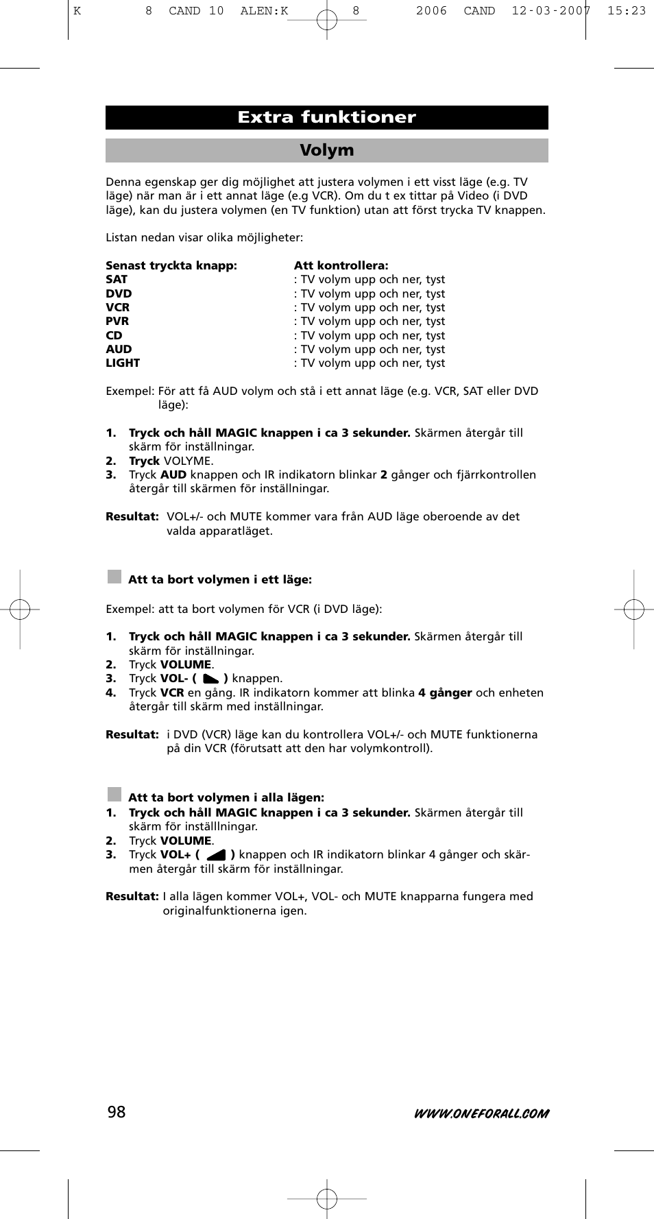 Volym, Extra funktioner | One for All KAMELEON URC-8308 User Manual | Page 99 / 293
