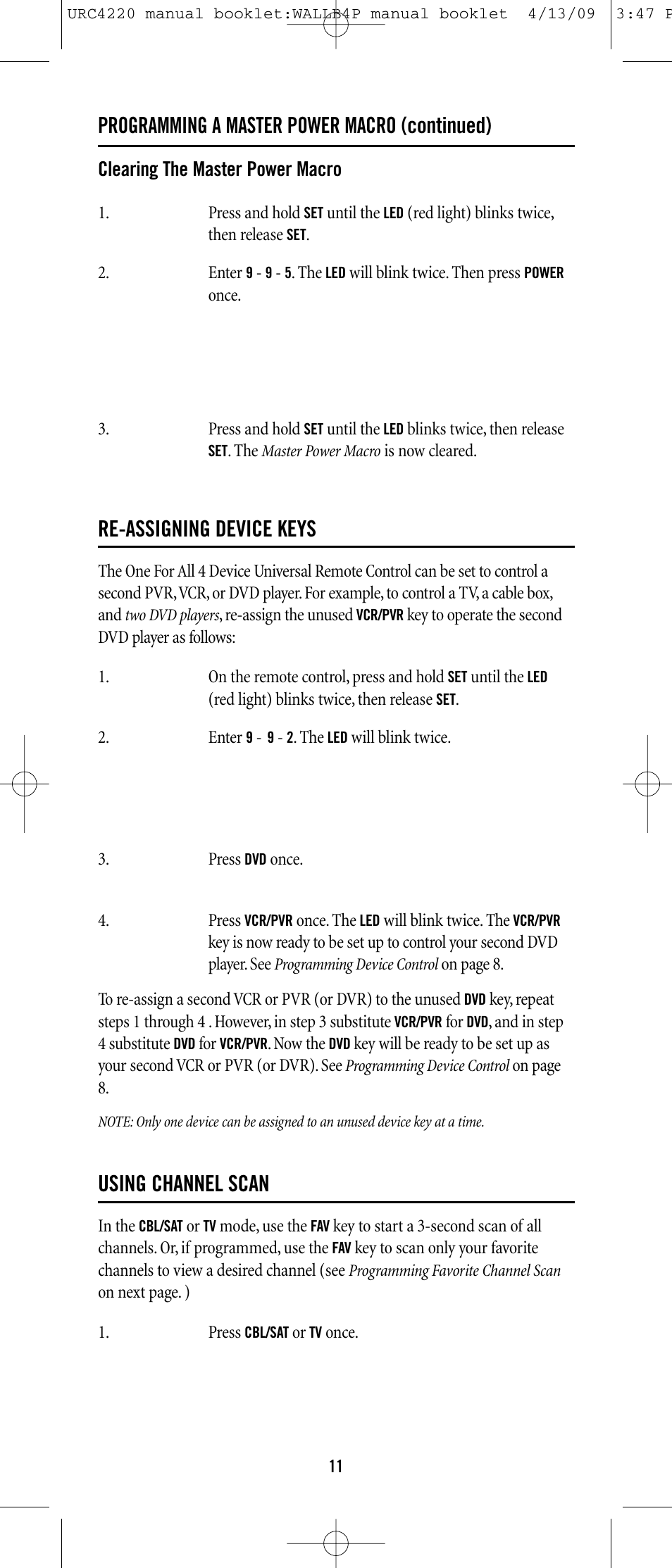 Programming a master power macro (continued), Re-assigning device keys, Using channel scan | One for All URC-6131 User Manual | Page 10 / 40