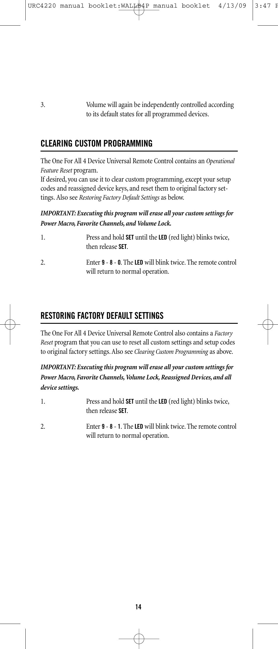 Clearing custom programming, Restoring factory default settings | One for All URC-6131 User Manual | Page 13 / 40