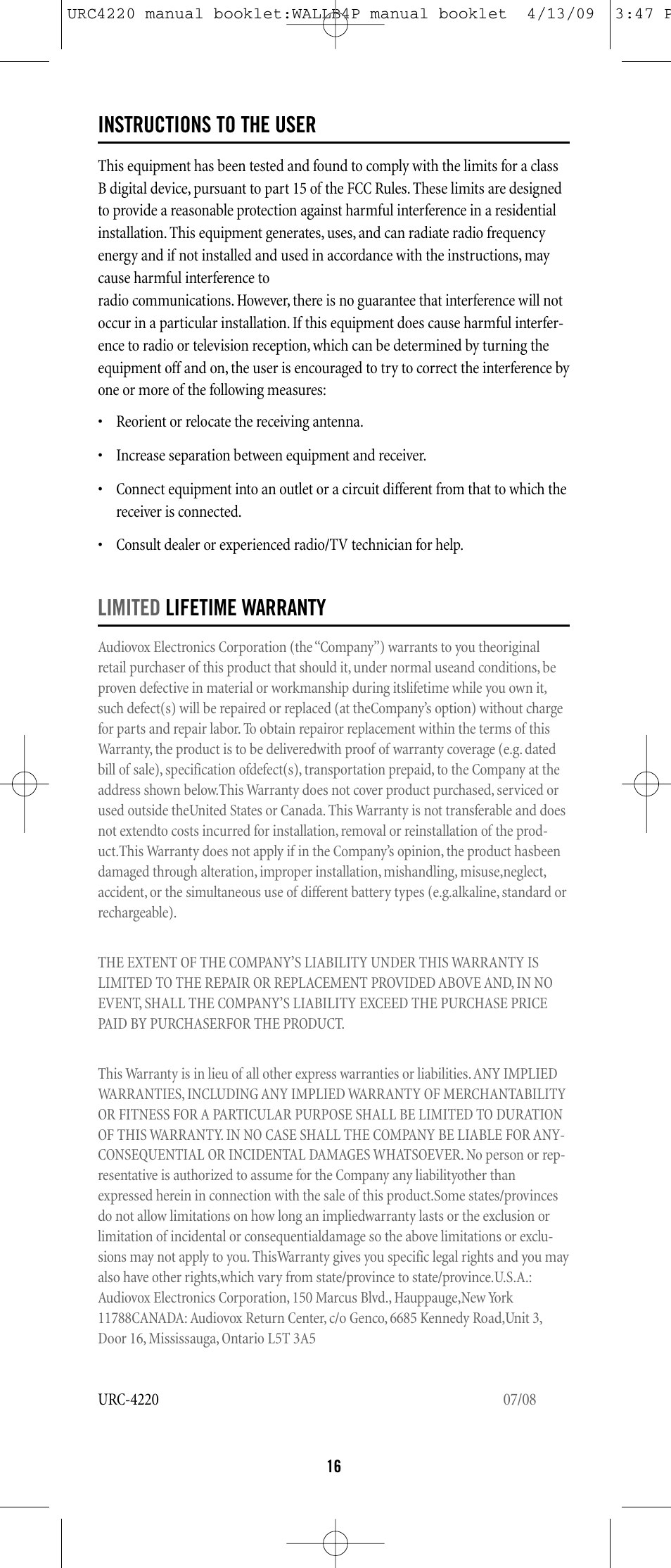 Instructions to the user, Limited lifetime warranty | One for All URC-6131 User Manual | Page 15 / 40