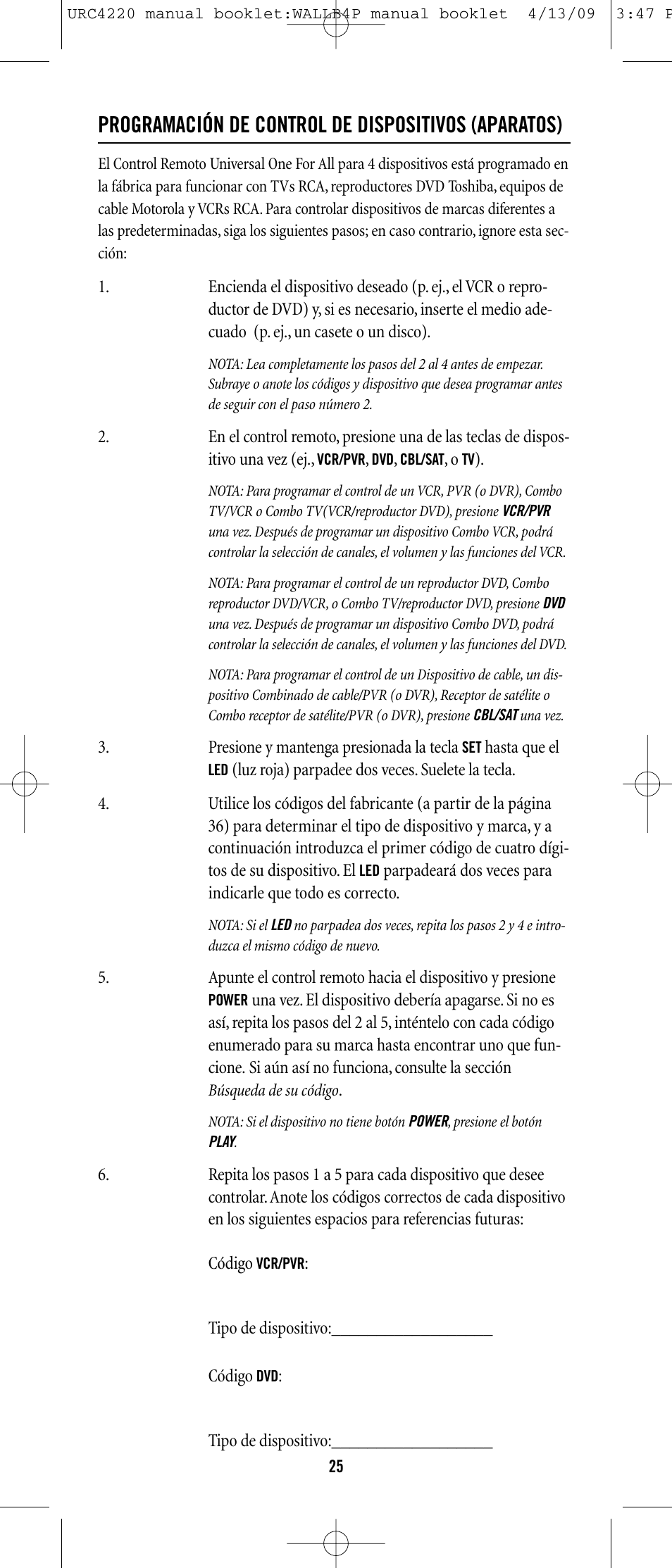 Programación de control de dispositivos (aparatos) | One for All URC-6131 User Manual | Page 24 / 40
