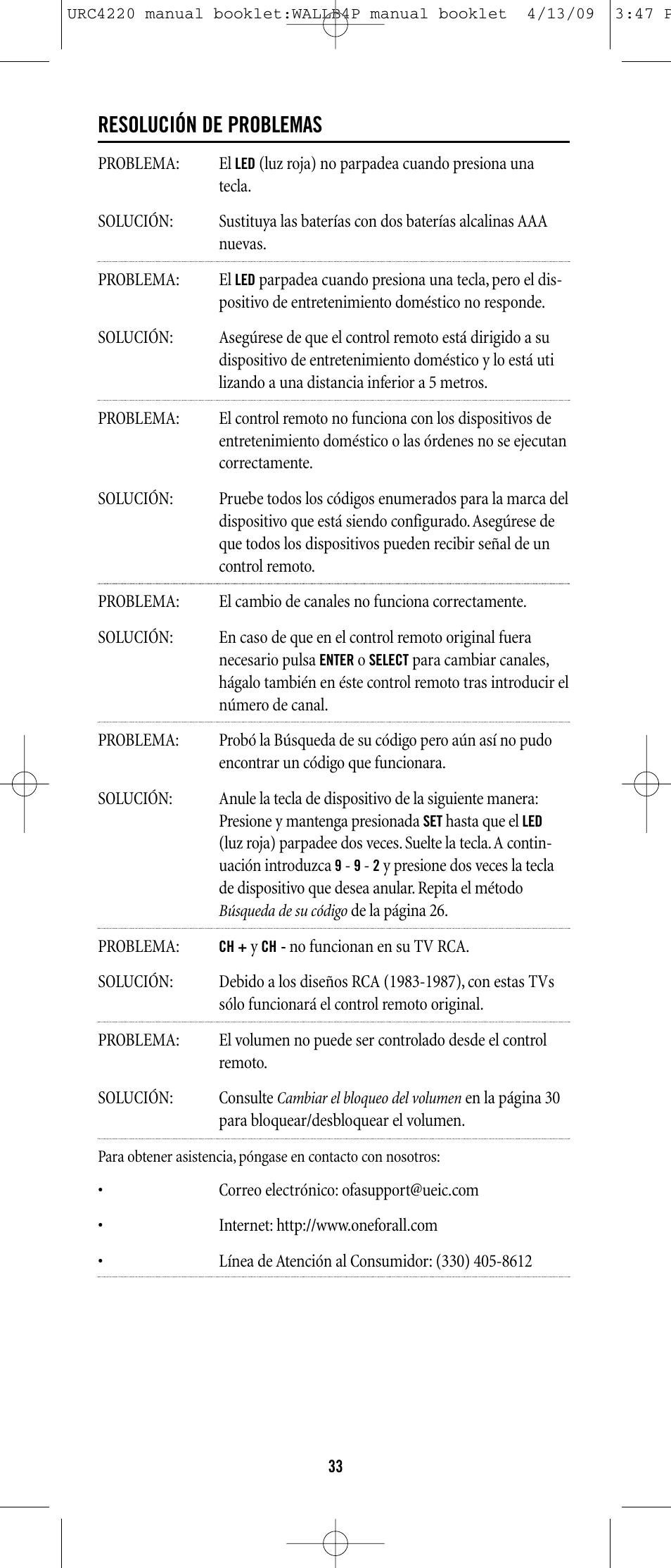 Resolución de problemas | One for All URC-6131 User Manual | Page 32 / 40