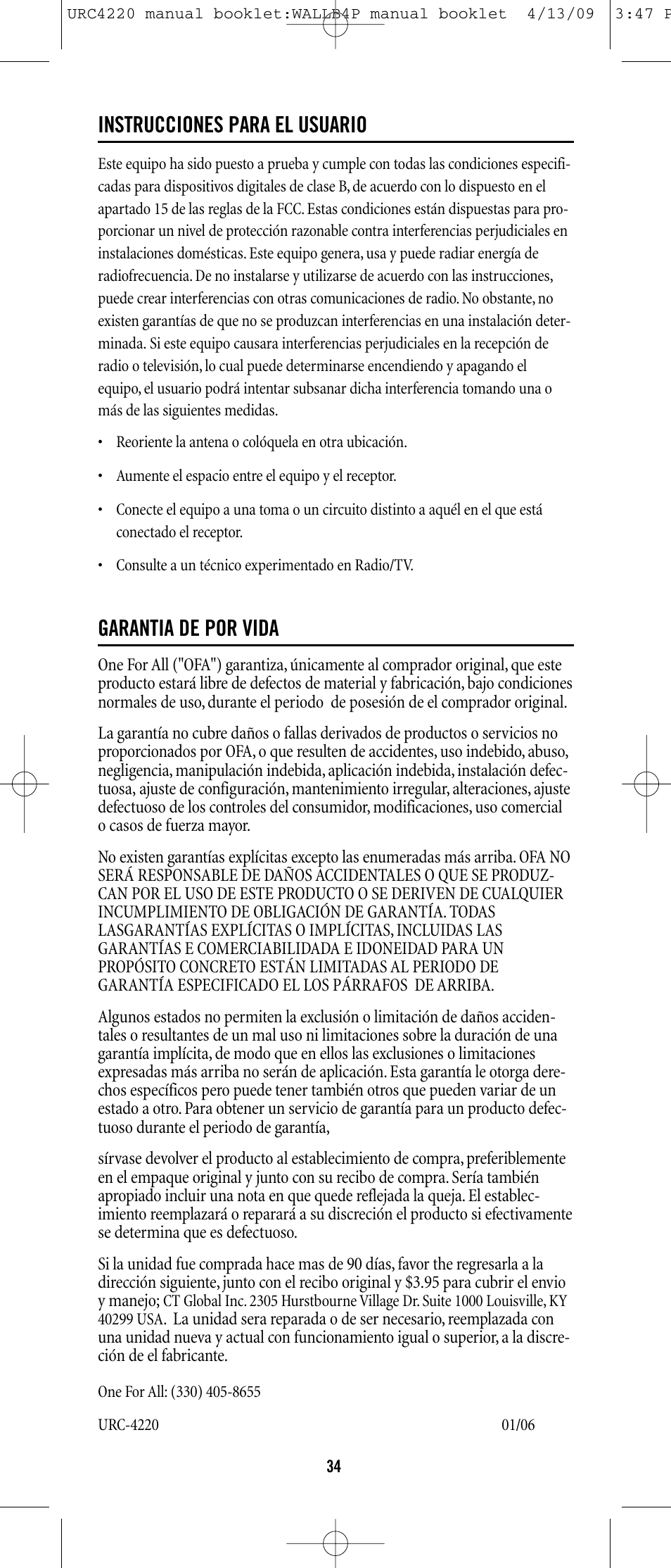 Instrucciones para el usuario, Garantia de por vida | One for All URC-6131 User Manual | Page 33 / 40