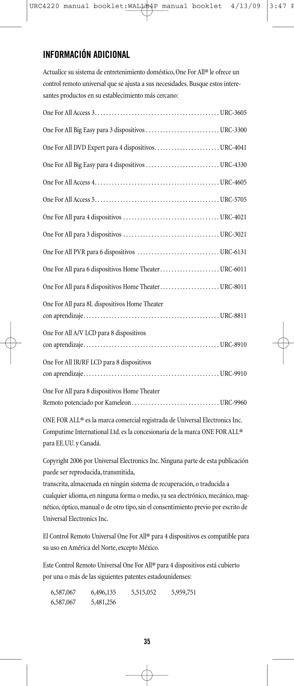Información adicional | One for All URC-6131 User Manual | Page 34 / 40