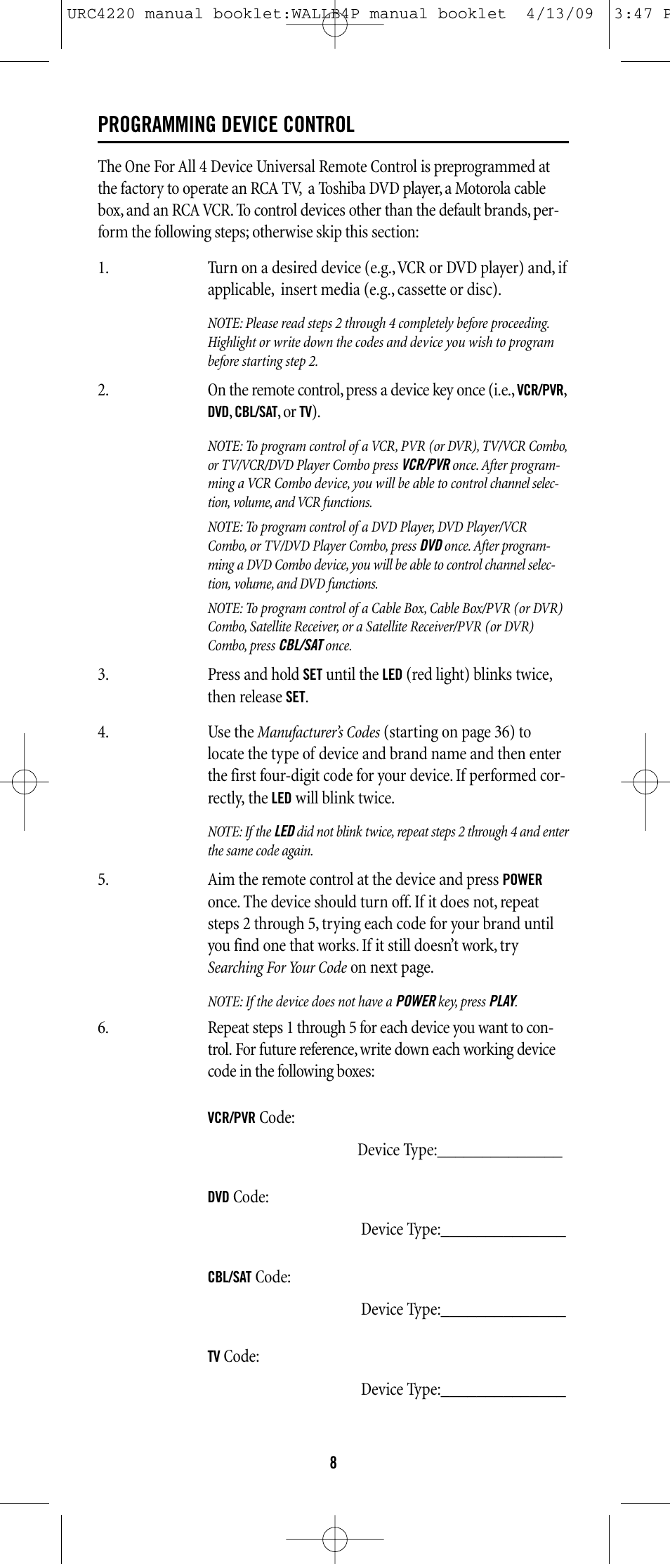 Programming device control | One for All URC-6131 User Manual | Page 7 / 40