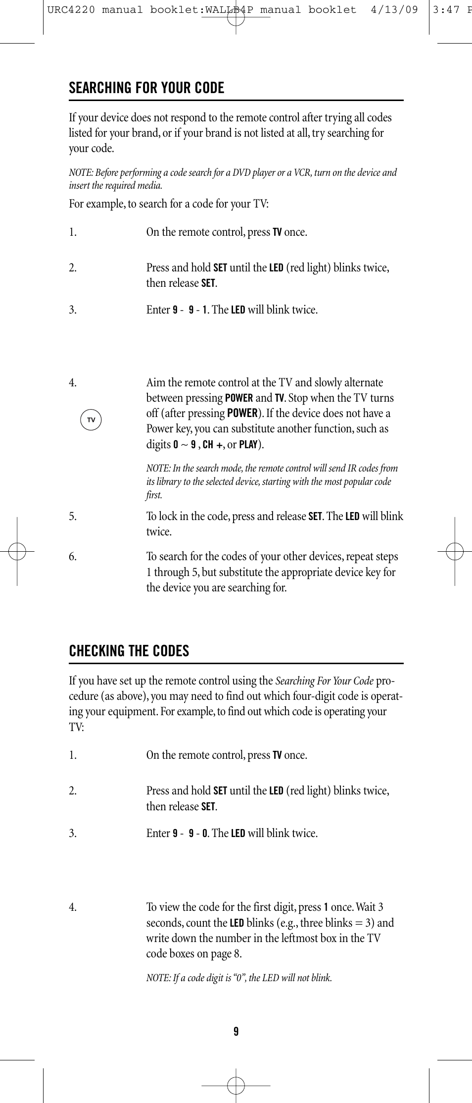 Searching for your code, Checking the codes | One for All URC-6131 User Manual | Page 8 / 40
