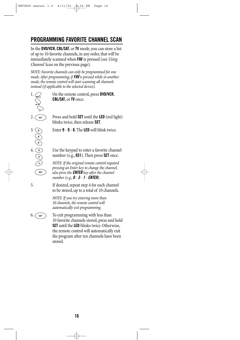 Programming favorite channel scan | One for All URC-3605 User Manual | Page 16 / 36