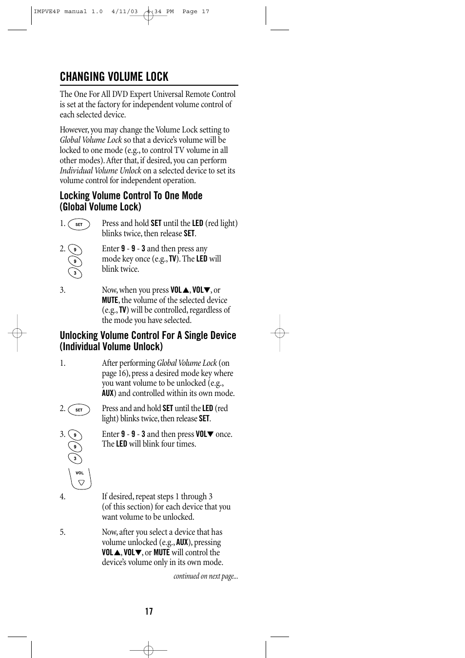 Changing volume lock | One for All URC-3605 User Manual | Page 17 / 36