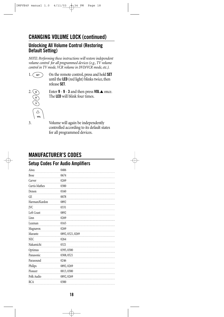 Changing volume lock (continued), Manufacturer’s codes, Setup codes for audio amplifiers | One for All URC-3605 User Manual | Page 18 / 36