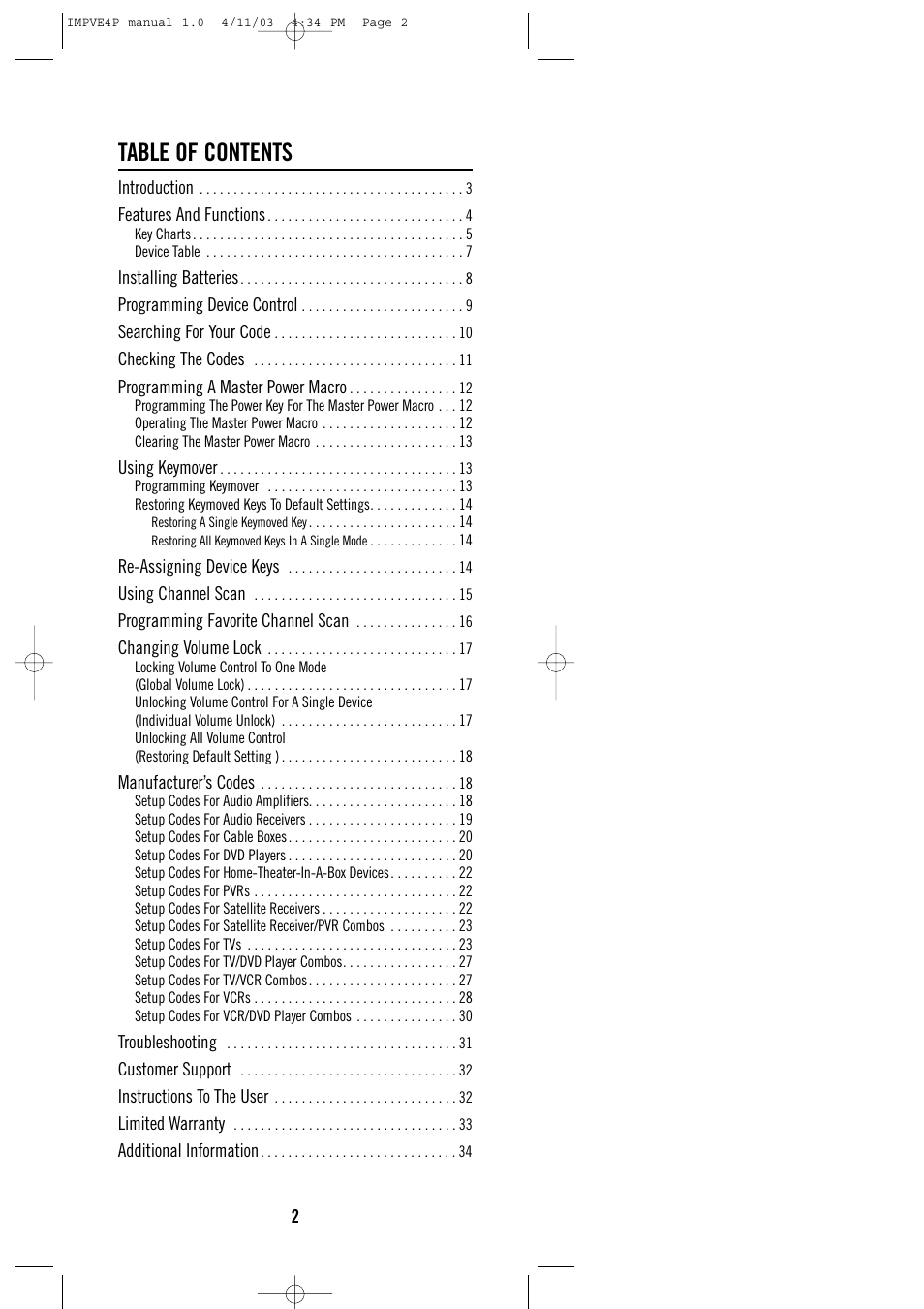 One for All URC-3605 User Manual | Page 2 / 36