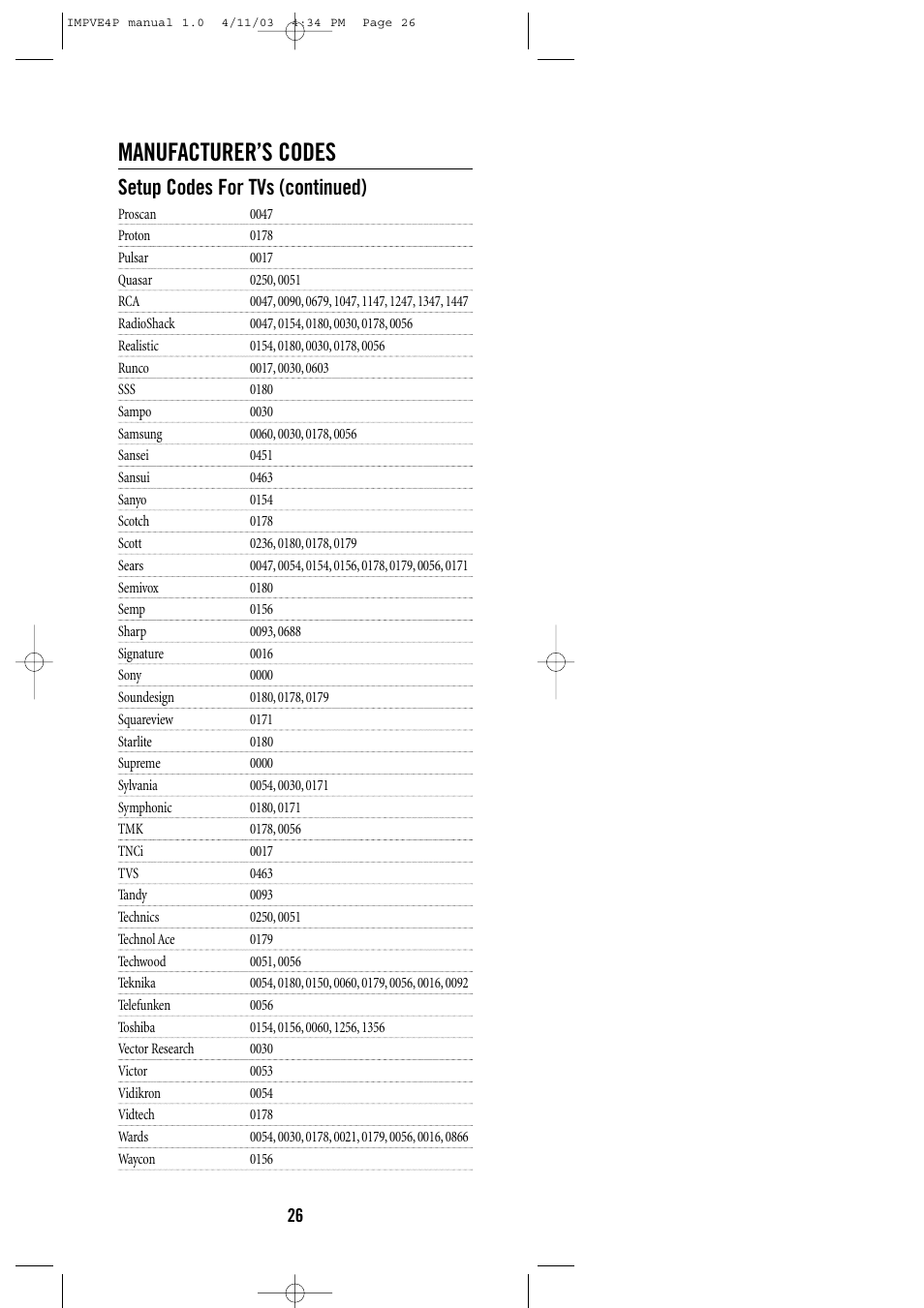 Manufacturer’s codes, Setup codes for tvs (continued) | One for All URC-3605 User Manual | Page 26 / 36