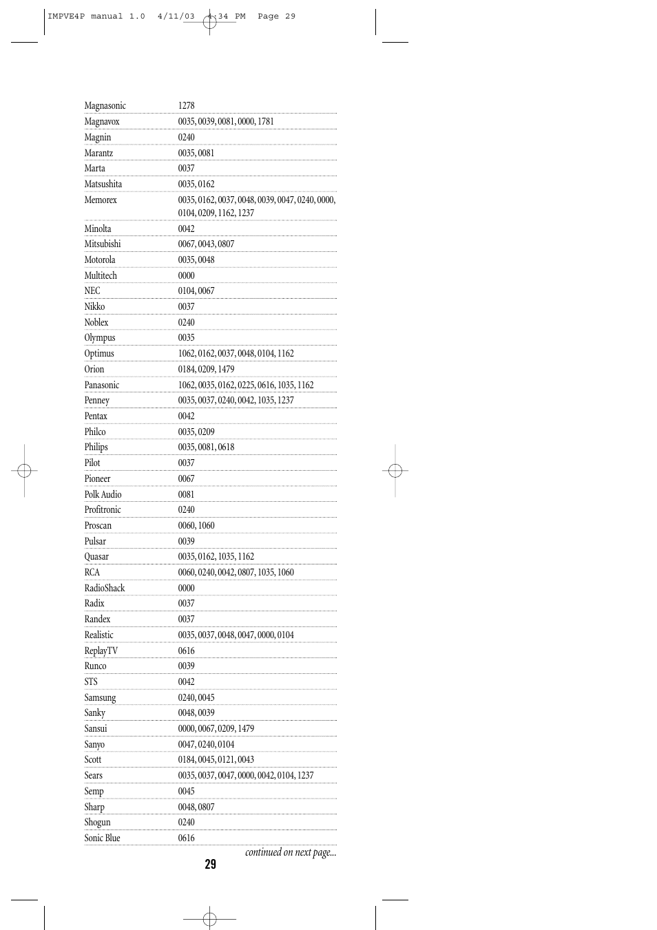 One for All URC-3605 User Manual | Page 29 / 36