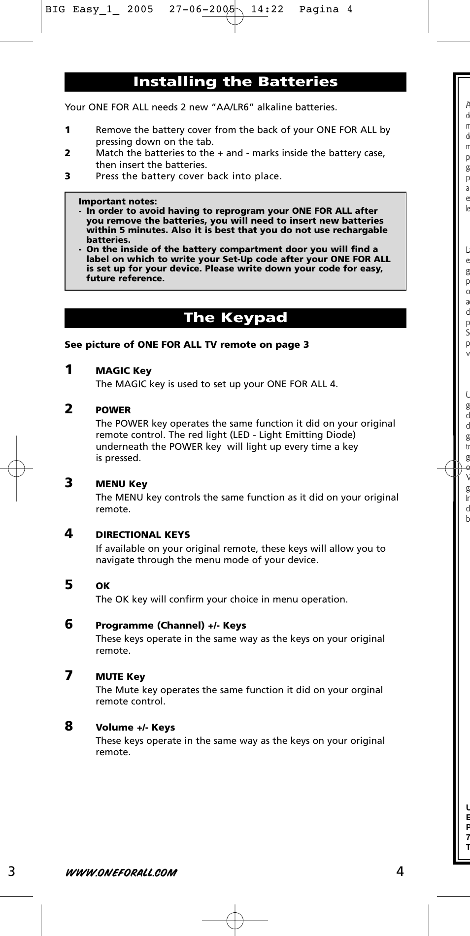 Installing the batteries, The keypad 3 | One for All Univeral Remote User Manual | Page 4 / 17