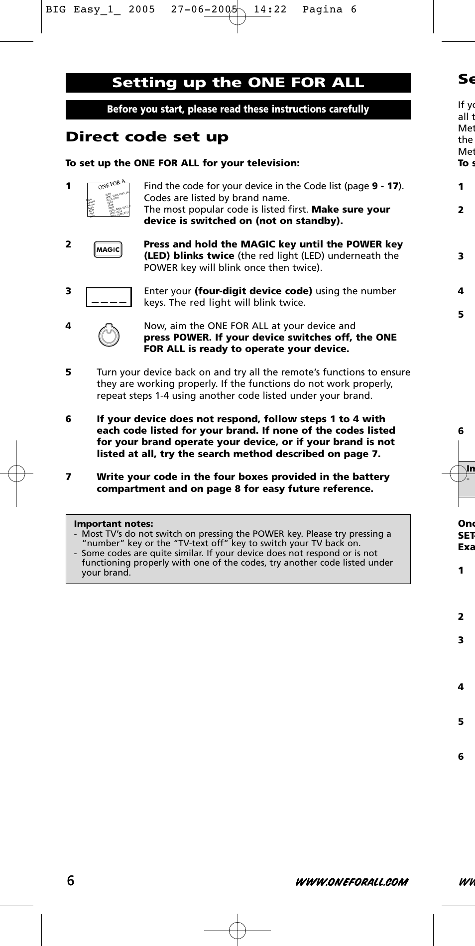 Direct code set up, Setting up the one for all | One for All Univeral Remote User Manual | Page 6 / 17