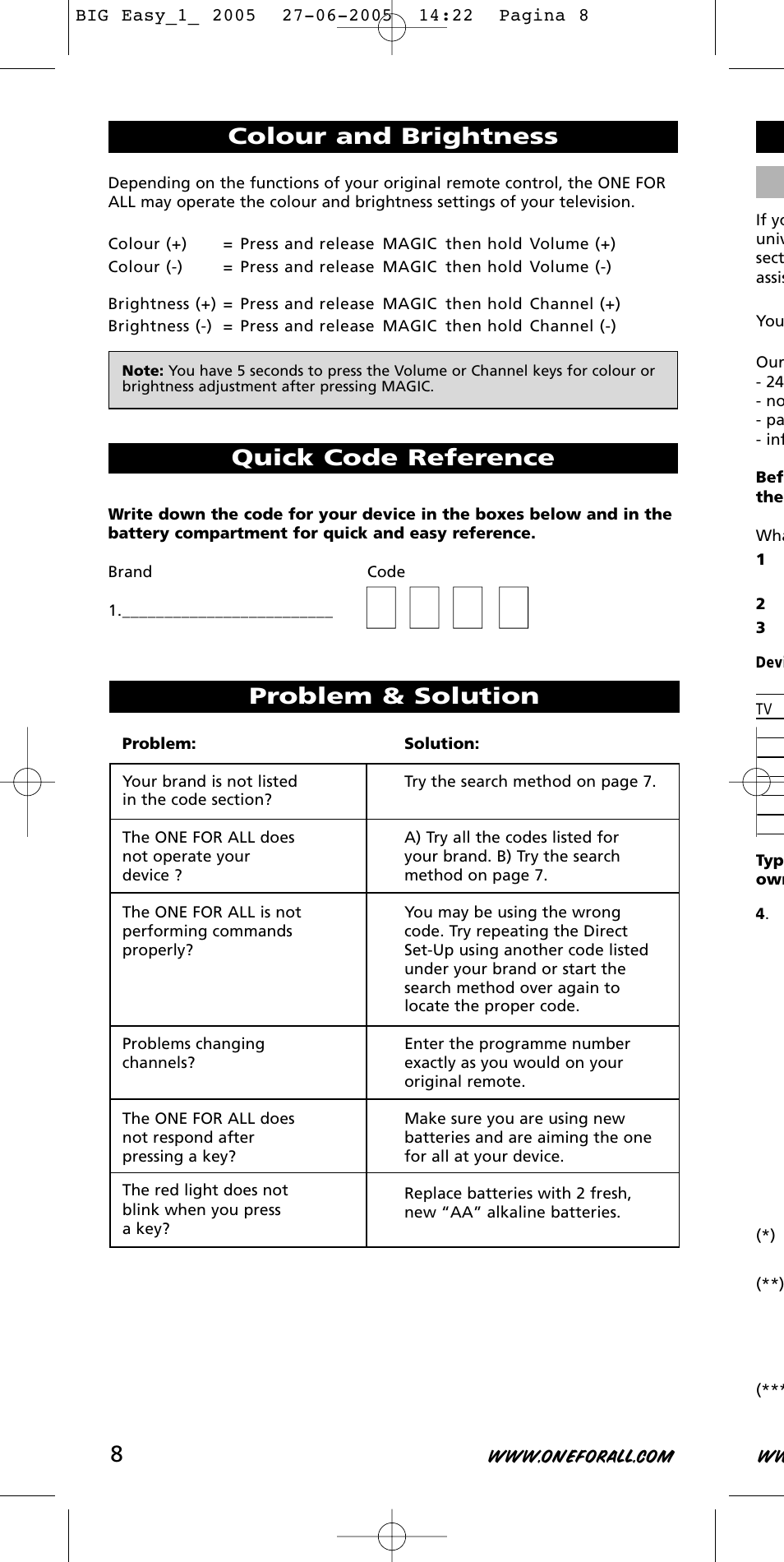 Problem & solution, Quick code reference, Colour and brightness | One for All Univeral Remote User Manual | Page 8 / 17