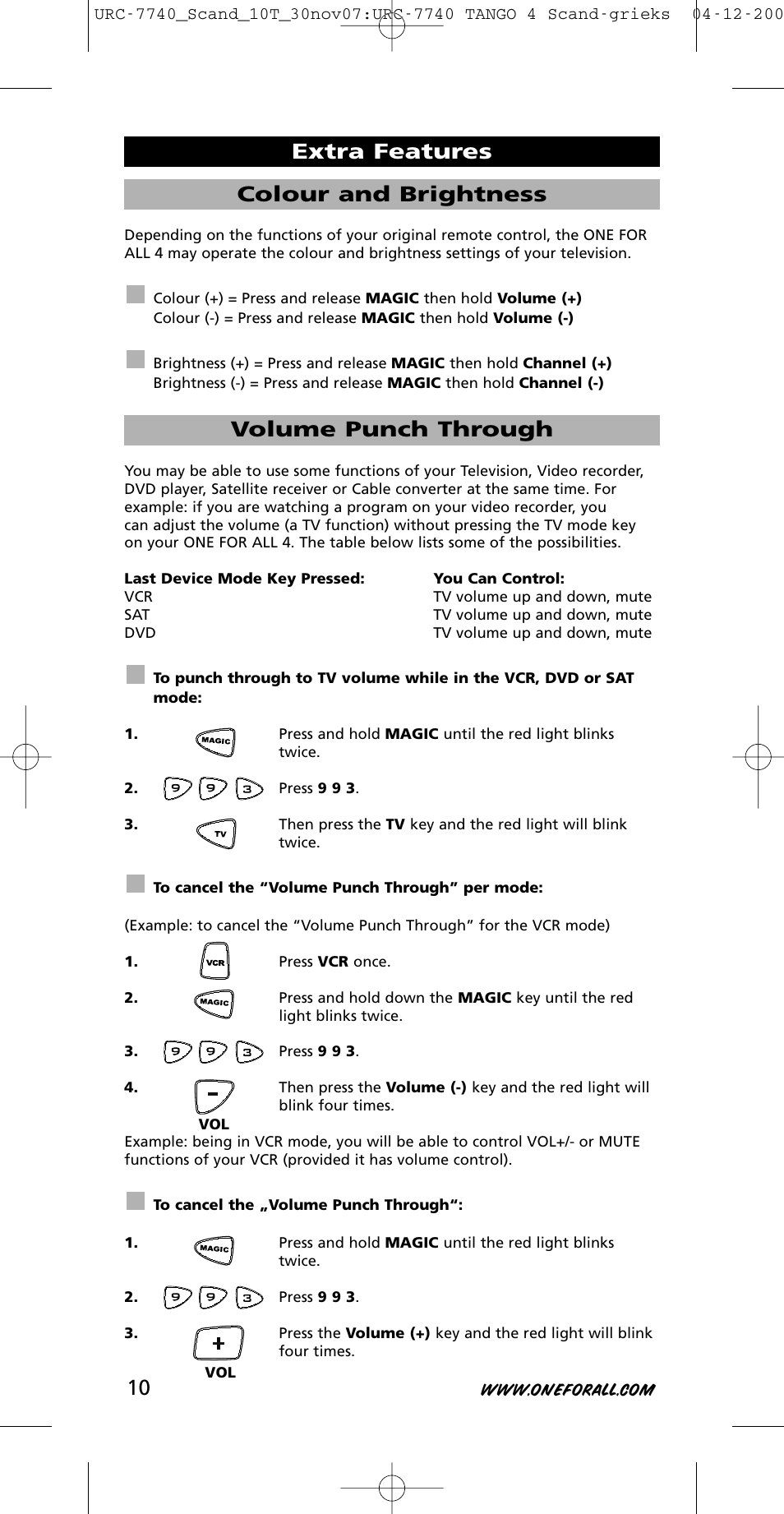 Colour and brightness, Volume punch through, Extra features | One for All URC-7740 User Manual | Page 10 / 118