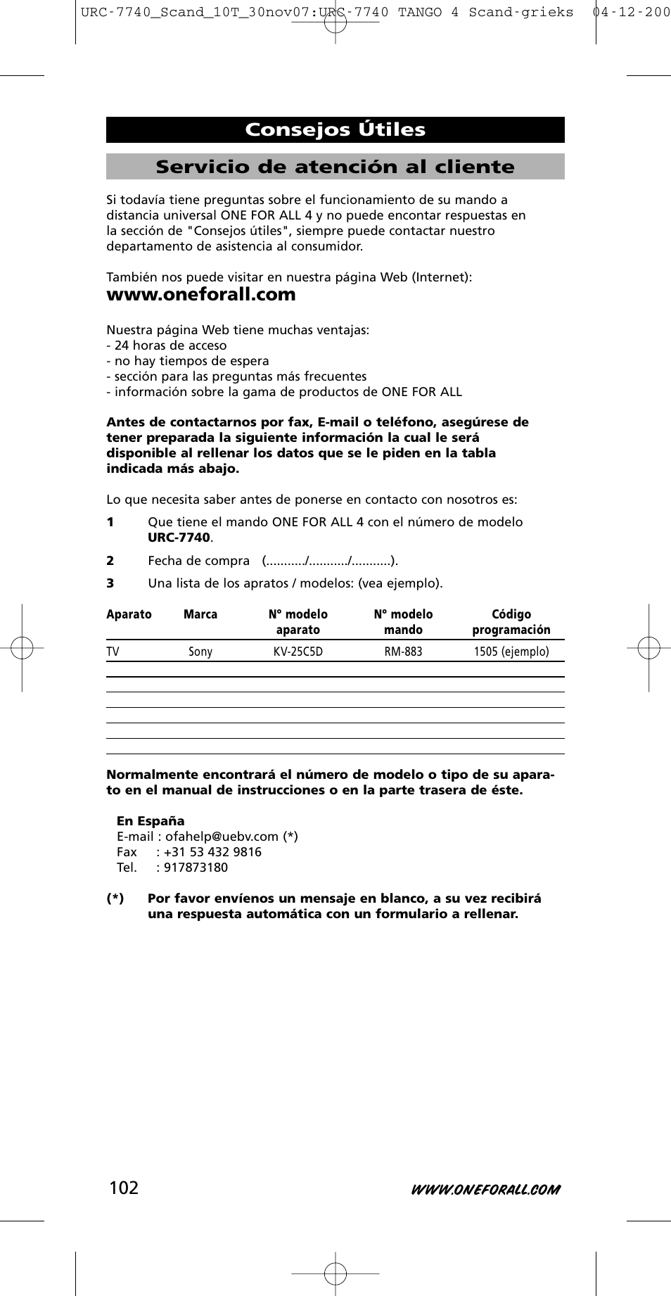 Servicio de atención al cliente, Consejos útiles | One for All URC-7740 User Manual | Page 102 / 118