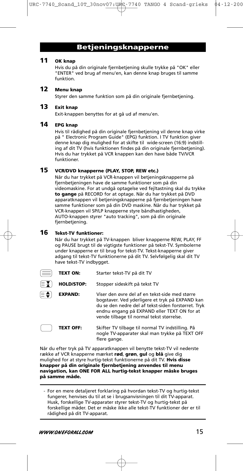 Betjeningsknapperne | One for All URC-7740 User Manual | Page 15 / 118