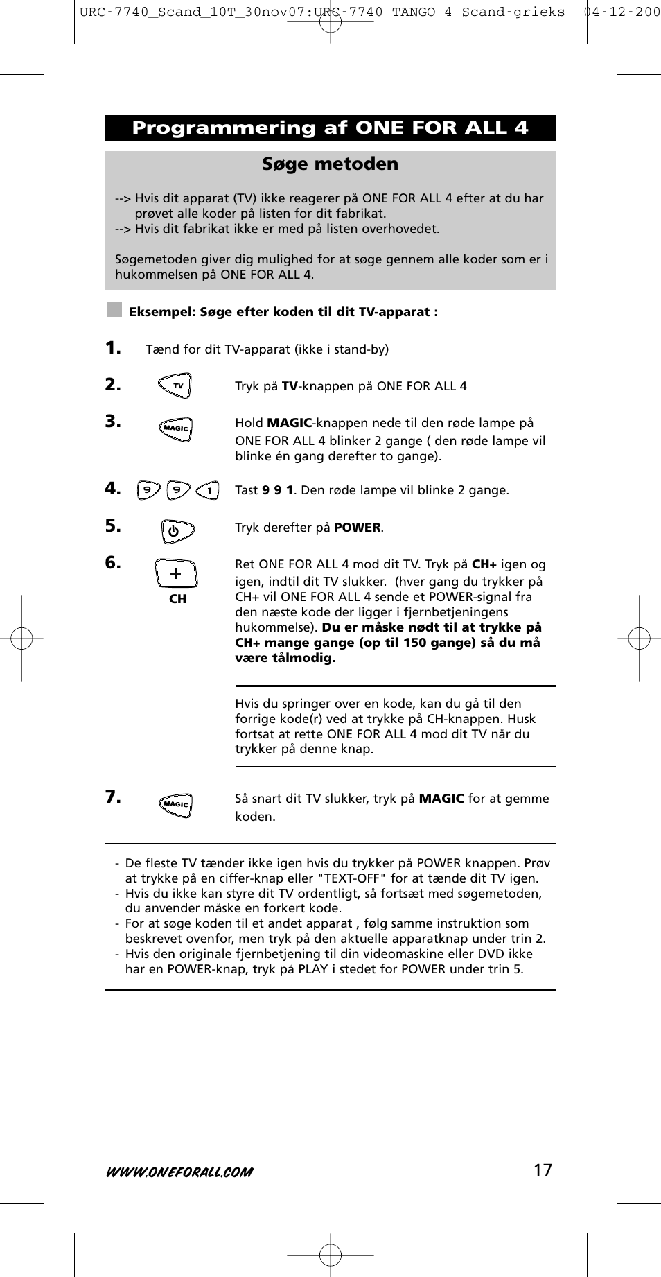 17 søge metoden, Programmering af one for all 4 | One for All URC-7740 User Manual | Page 17 / 118