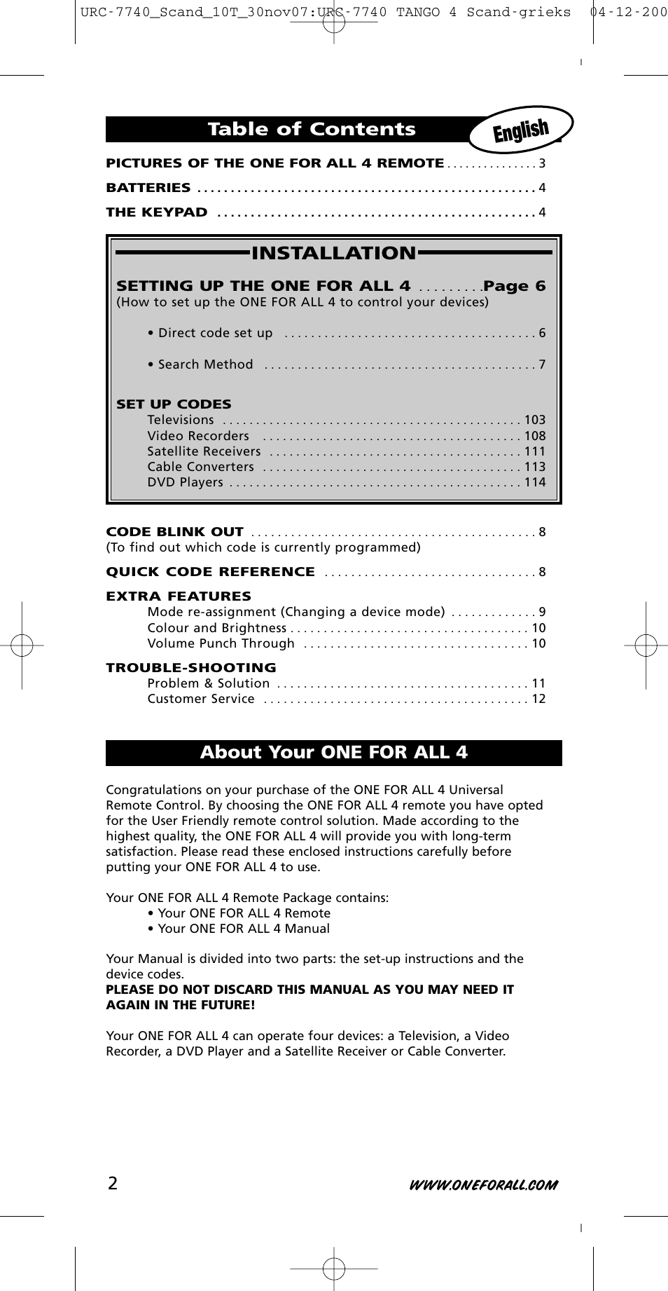 One for All URC-7740 User Manual | Page 2 / 118