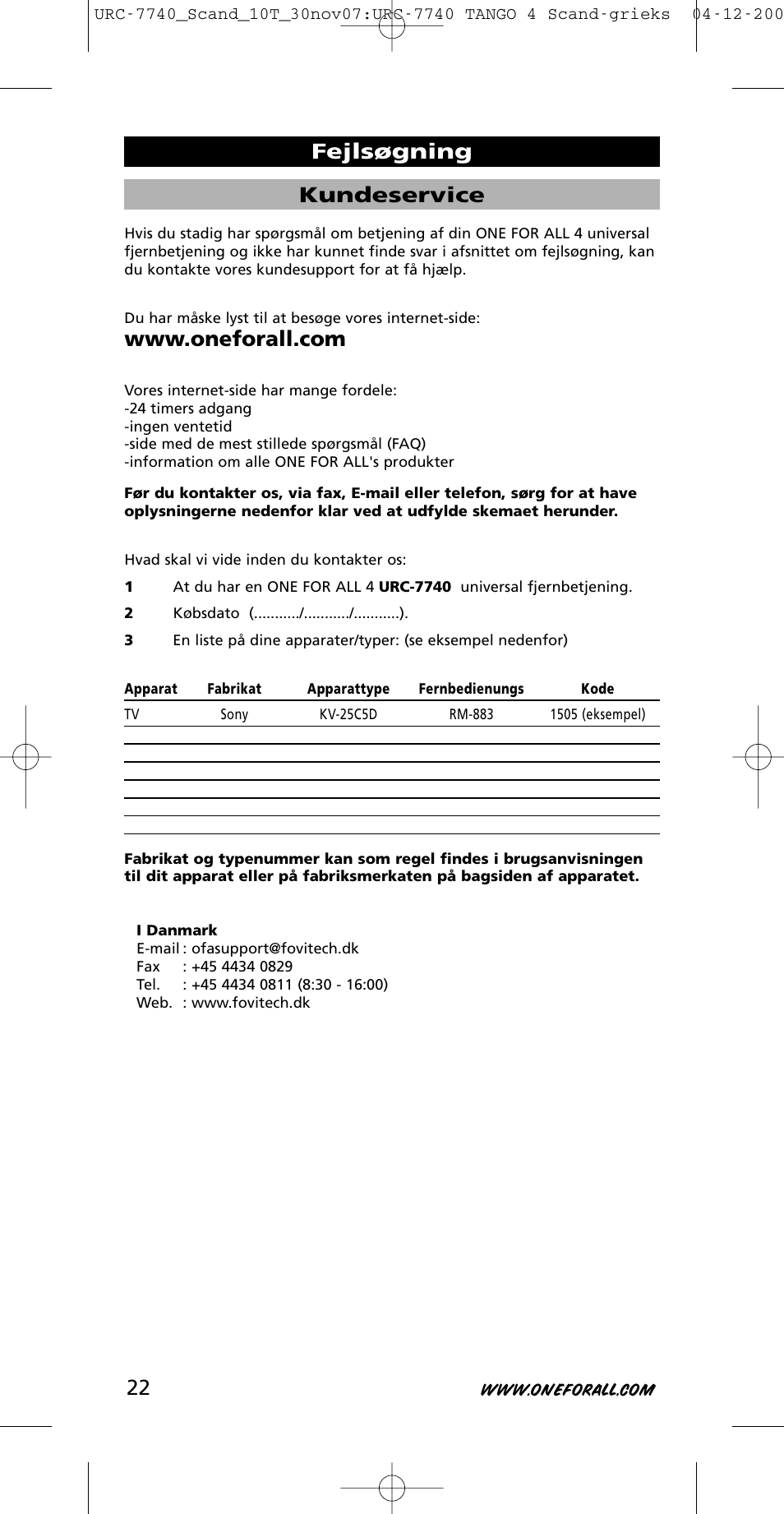 Kundeservice, Fejlsøgning | One for All URC-7740 User Manual | Page 22 / 118