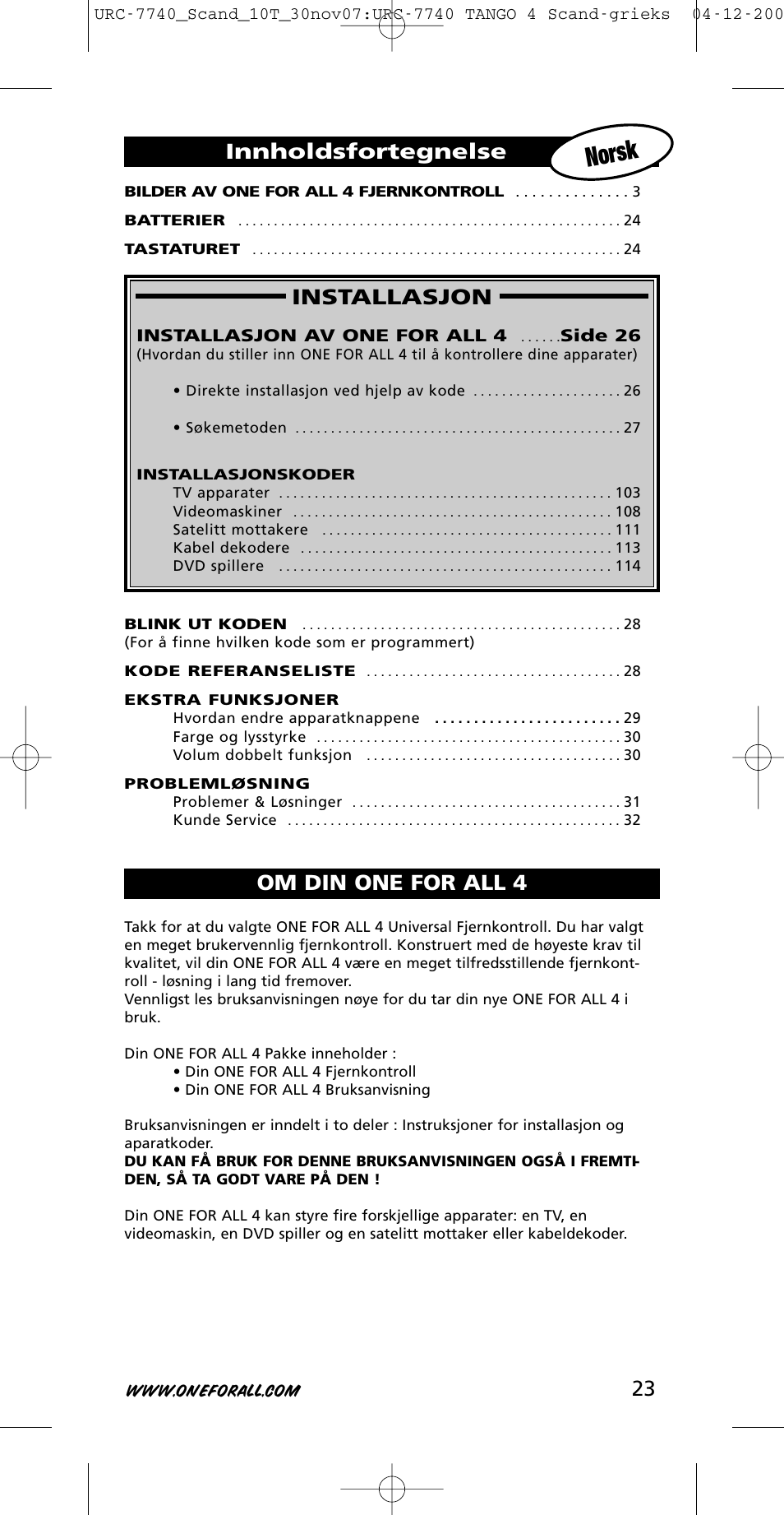 Norsk, 23 installasjon, Innholdsfortegnelse | Om din one for all 4 | One for All URC-7740 User Manual | Page 23 / 118