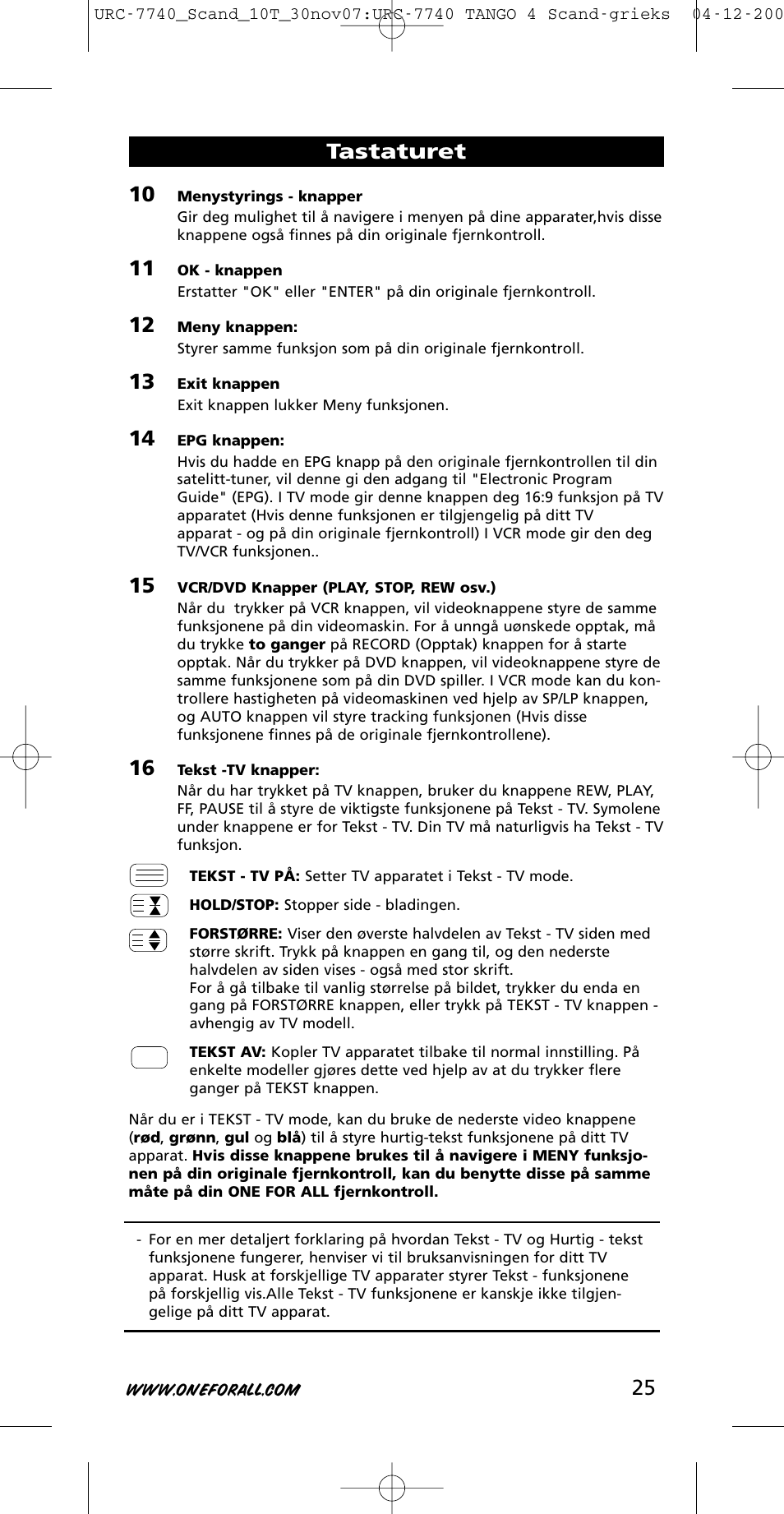 Tastaturet | One for All URC-7740 User Manual | Page 25 / 118