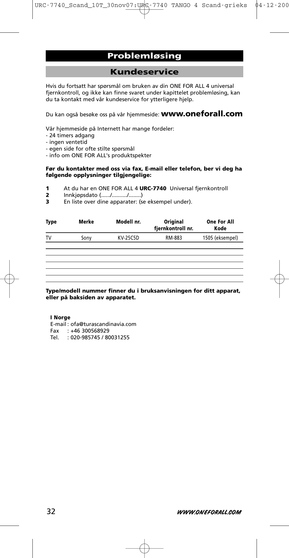 Kundeservice, Problemløsing | One for All URC-7740 User Manual | Page 32 / 118