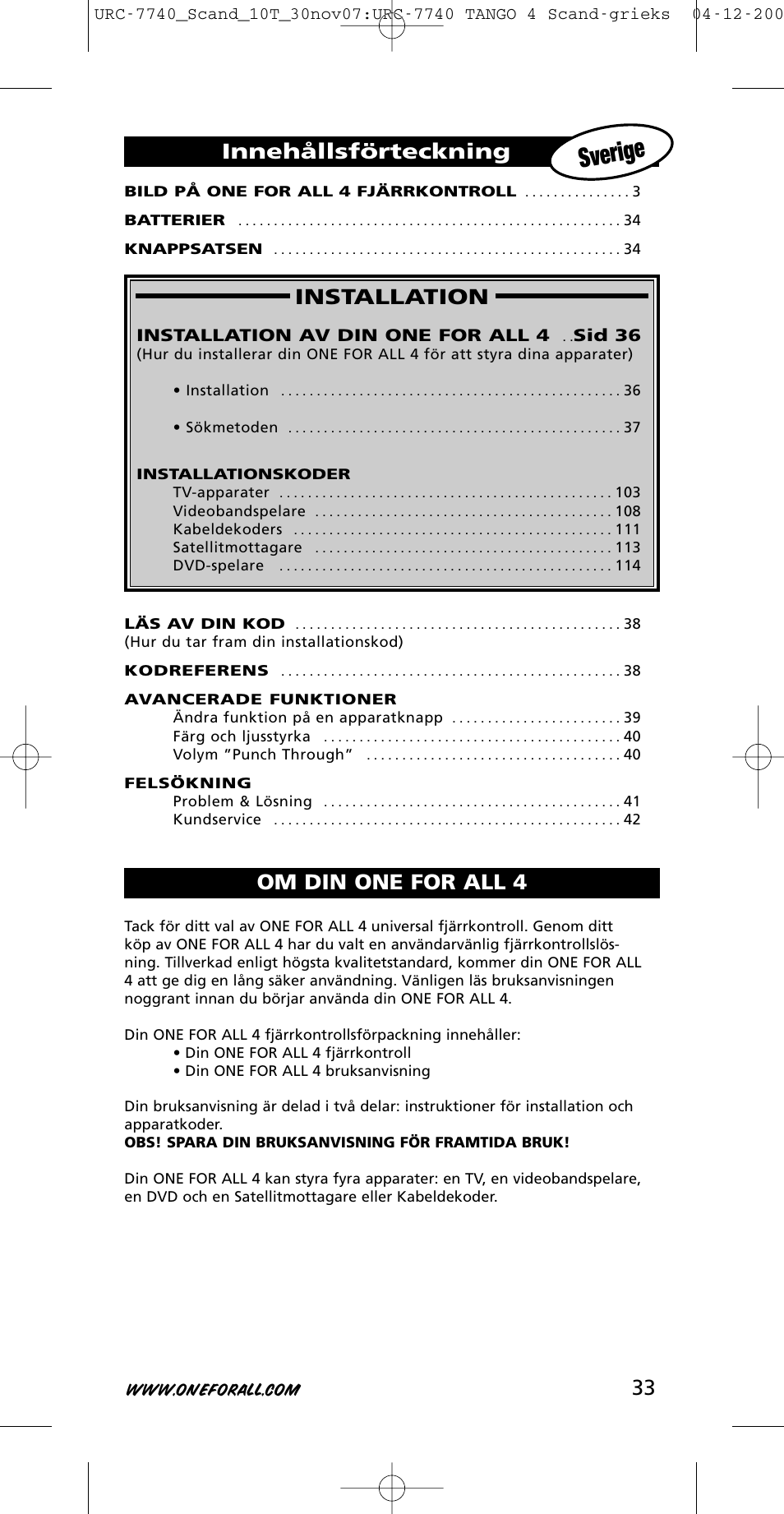 Sverige, 33 installation, Innehållsförteckning | Om din one for all 4 | One for All URC-7740 User Manual | Page 33 / 118