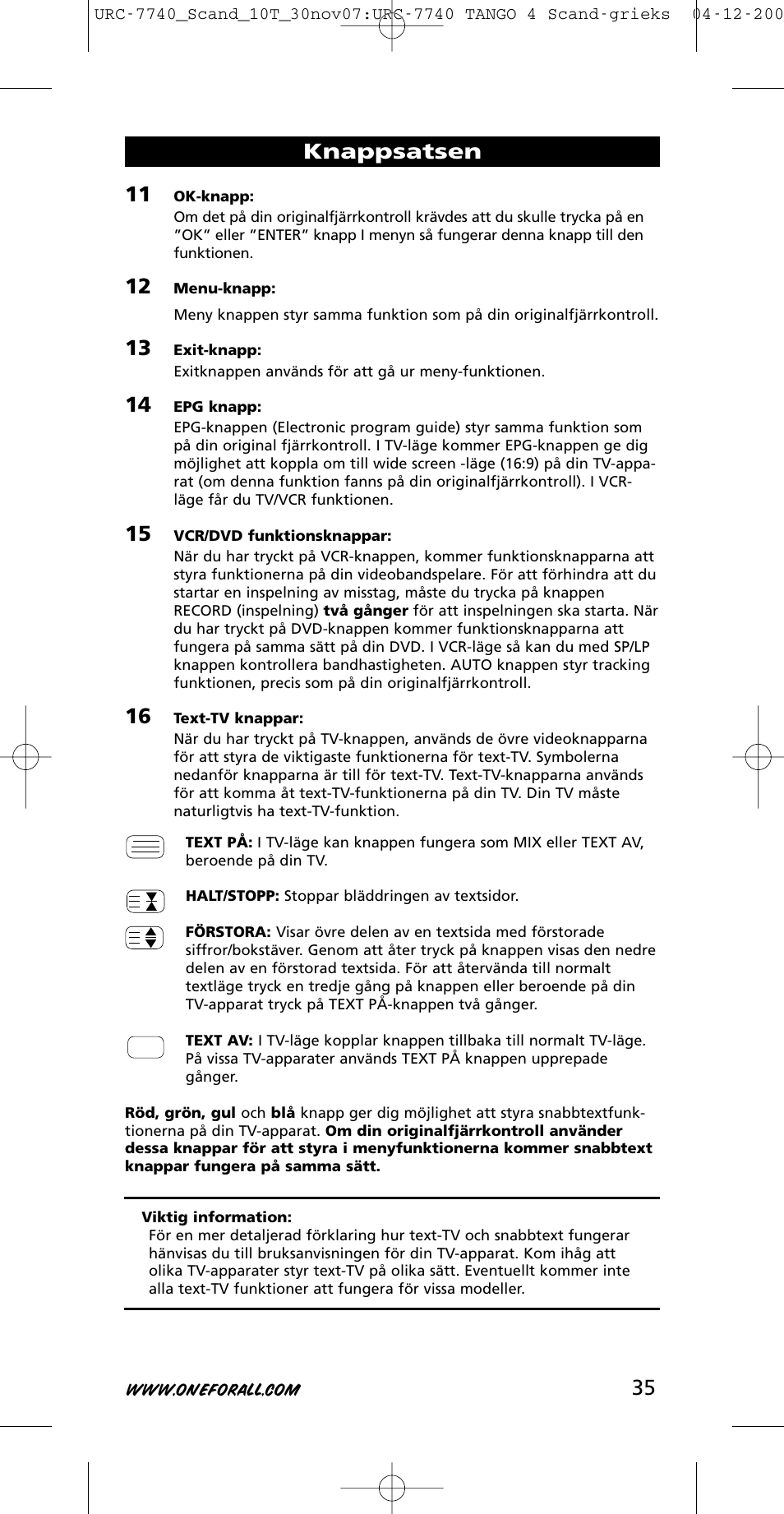 Knappsatsen | One for All URC-7740 User Manual | Page 35 / 118