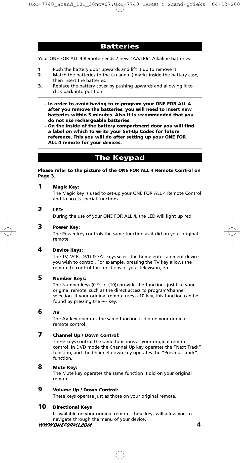 Batteries, The keypad | One for All URC-7740 User Manual | Page 4 / 118